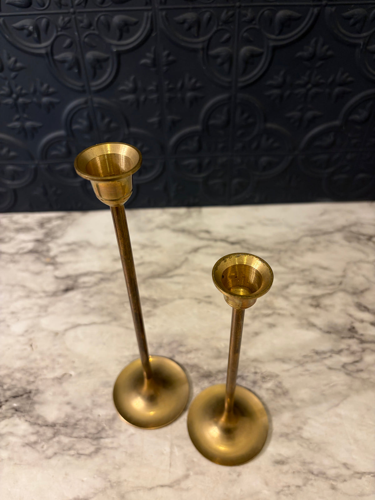 9 and 7" Skinny Brass Candlestick Pair
