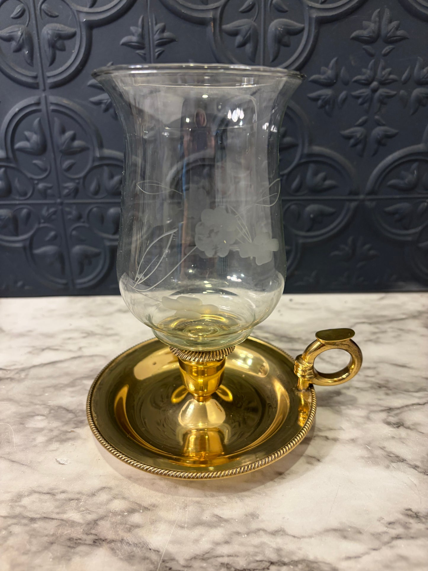 Brass Chamber Candle with Etched Hurricane