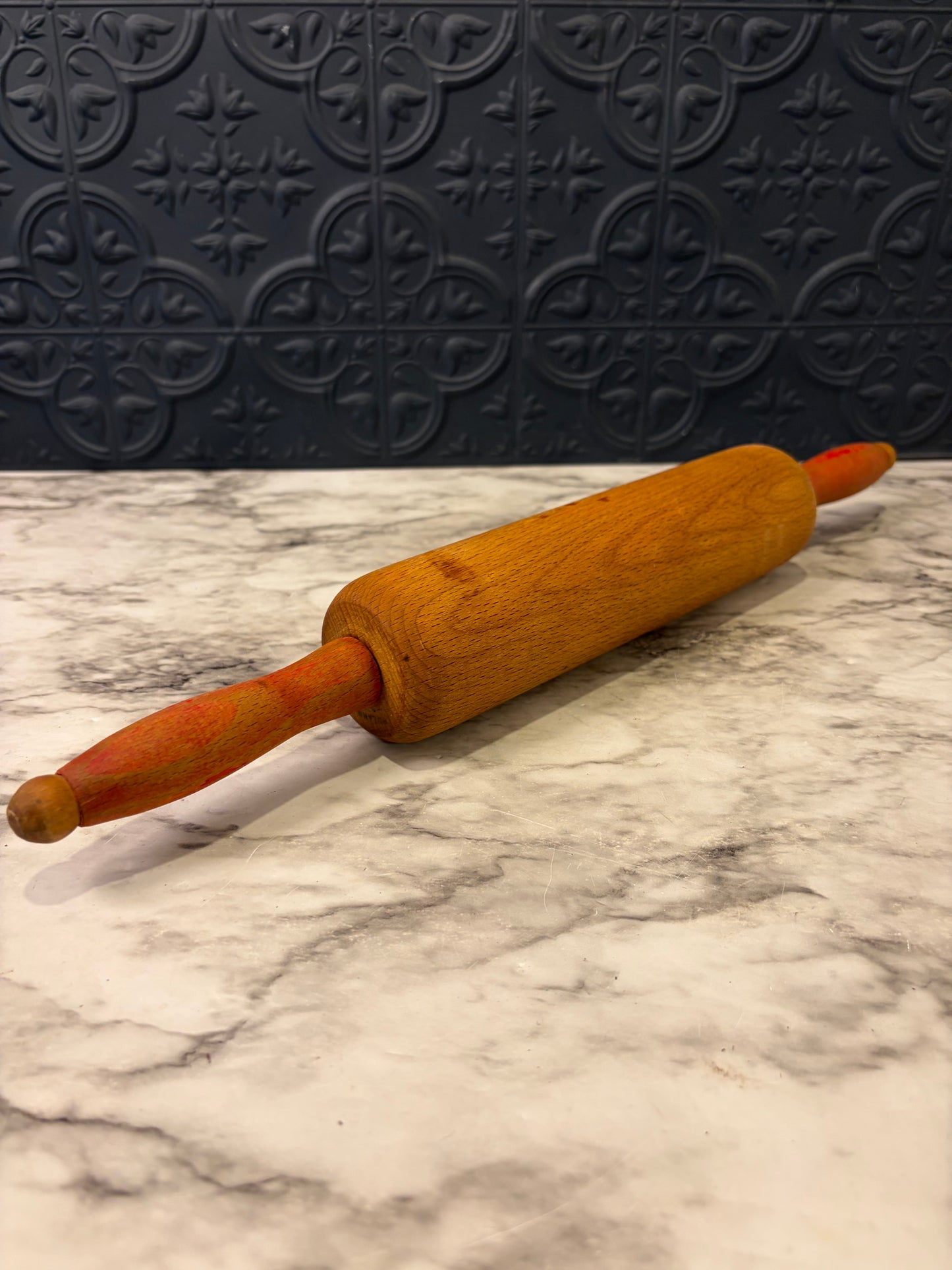 Wooden Rolling Pin with Faded Red Handle
