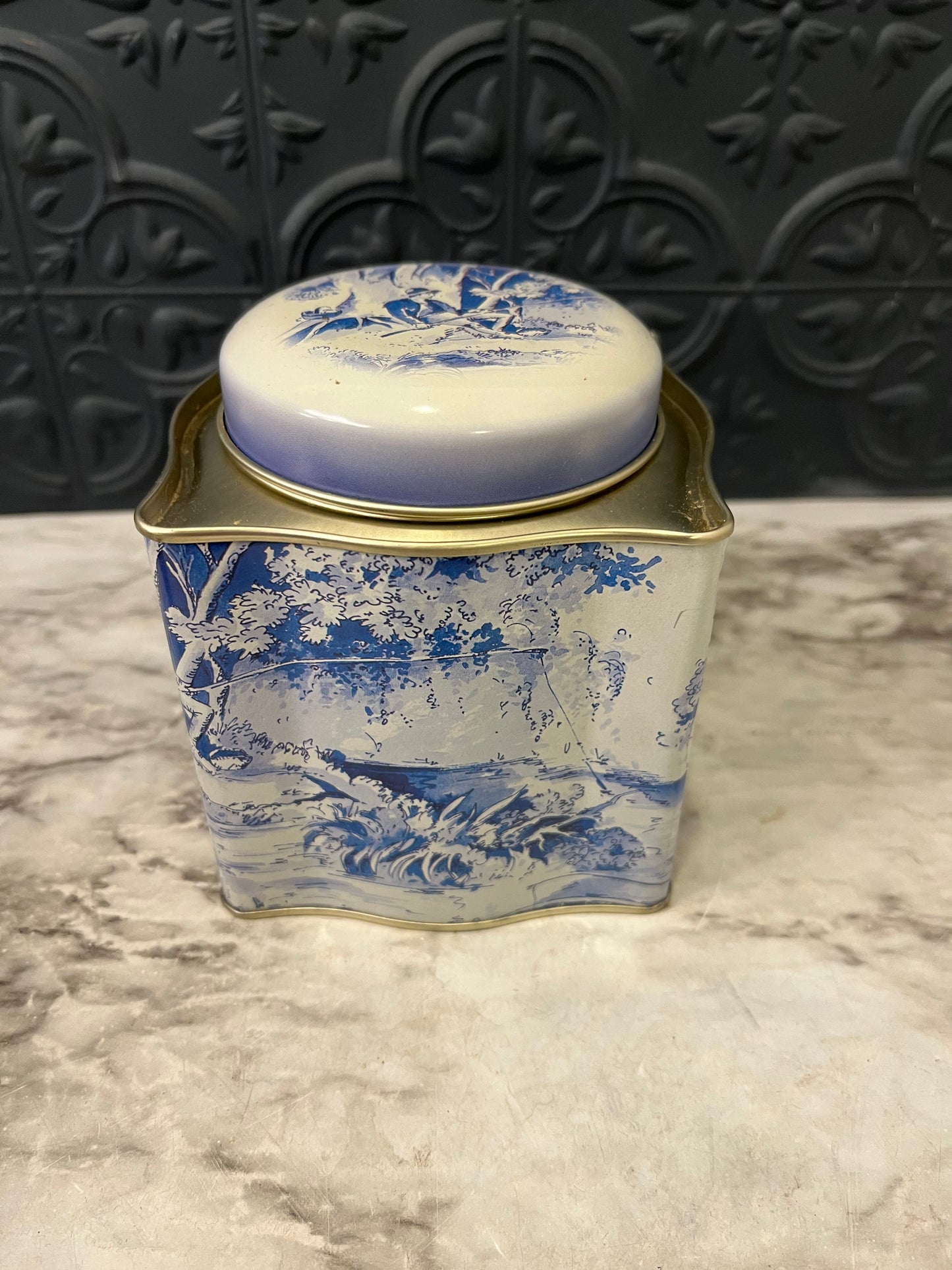 Vintage Blue and White Tin Landscape