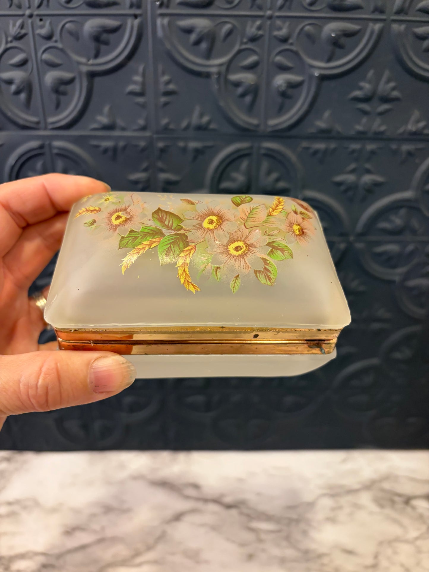 Frosted Trinket Dish with floral Top