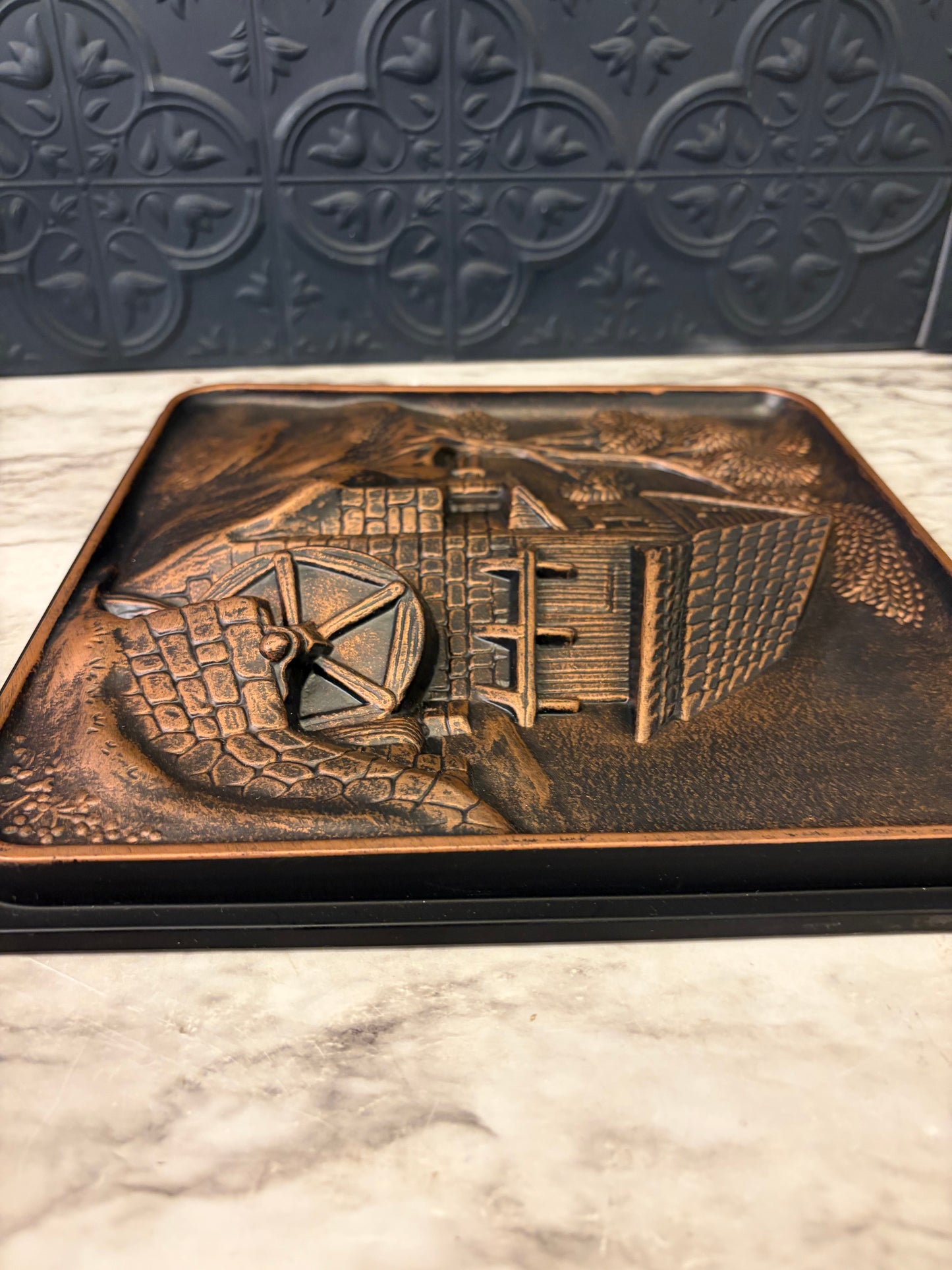 Vintage 3D Relief Wall Plaque with Water Mill