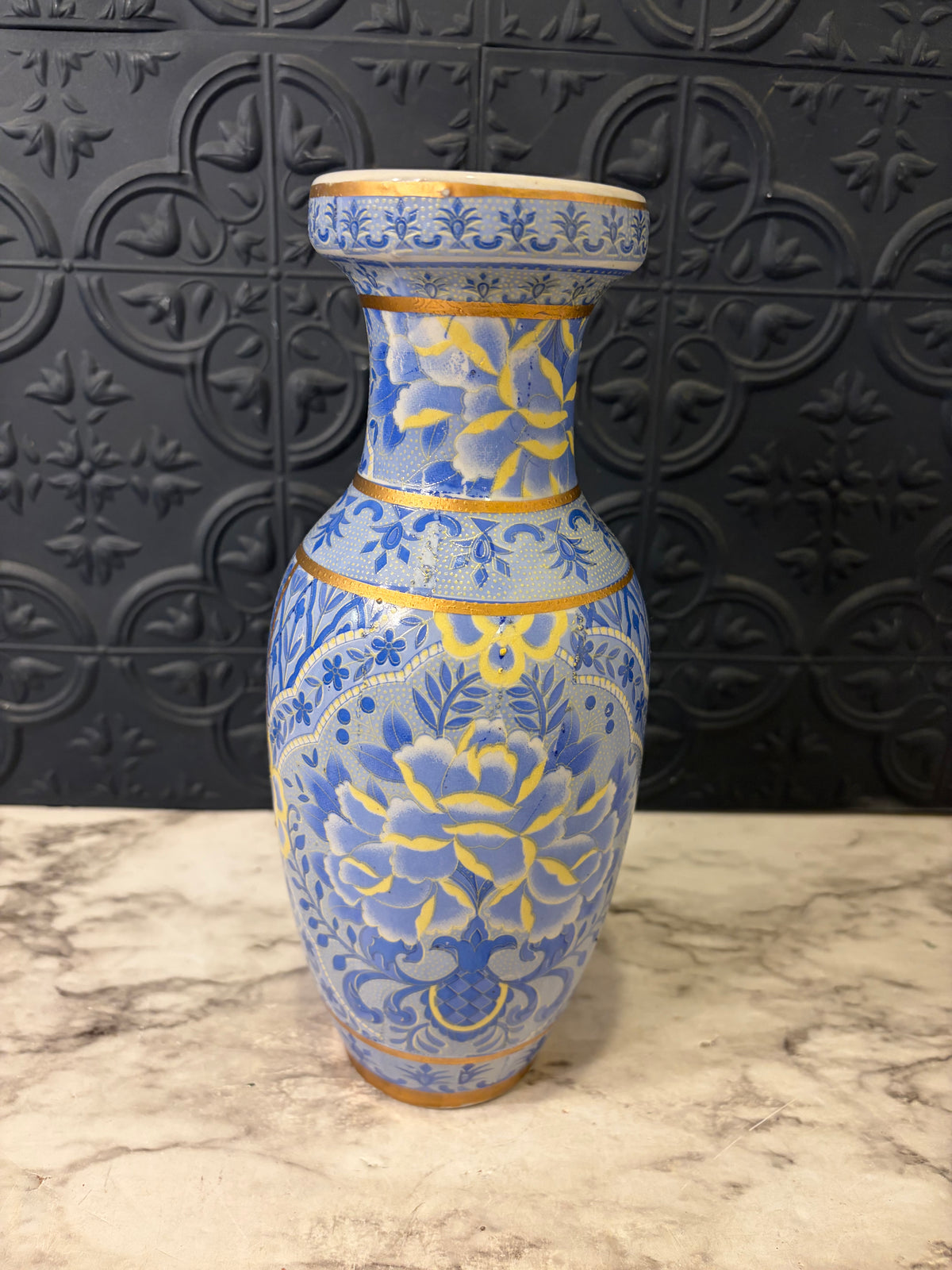 Yellow and Blue Ceramic vase with Gold Trim