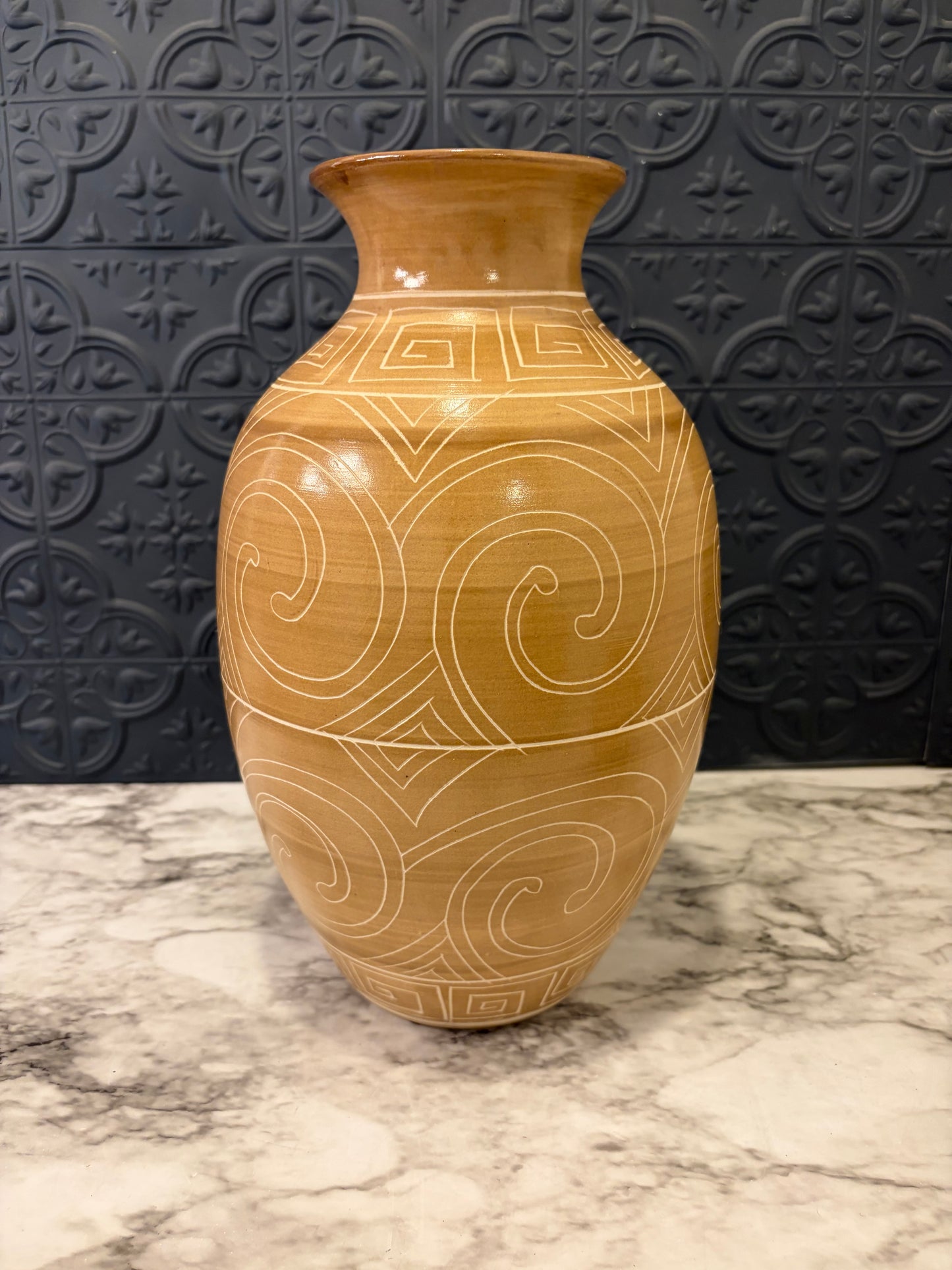 Tan Vase with Cream Greek Key Etching