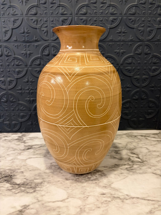 Tan Vase with Cream Greek Key Etching