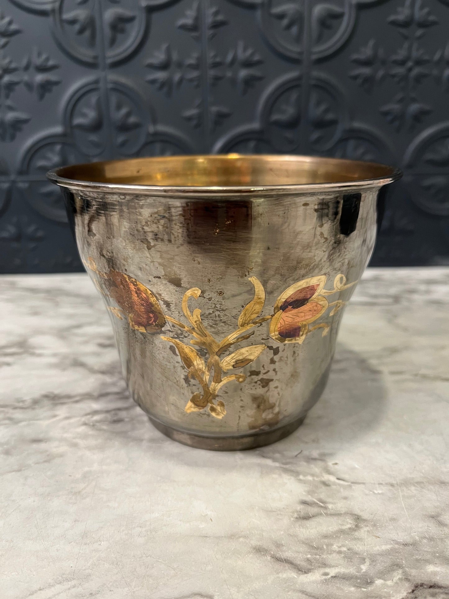Brass Bowl with Etched Orange Flowers