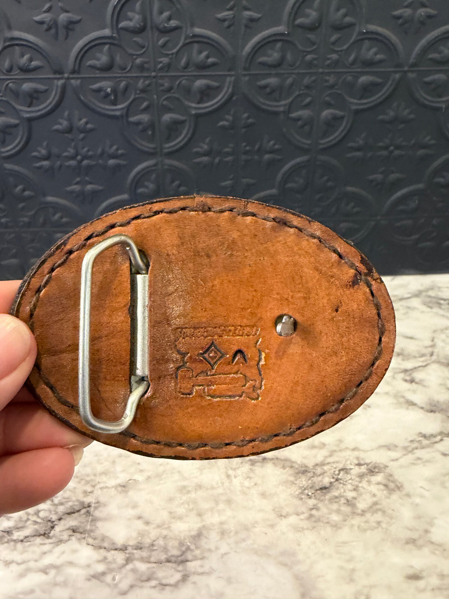 Leather Horse Tooled Belt Buckle