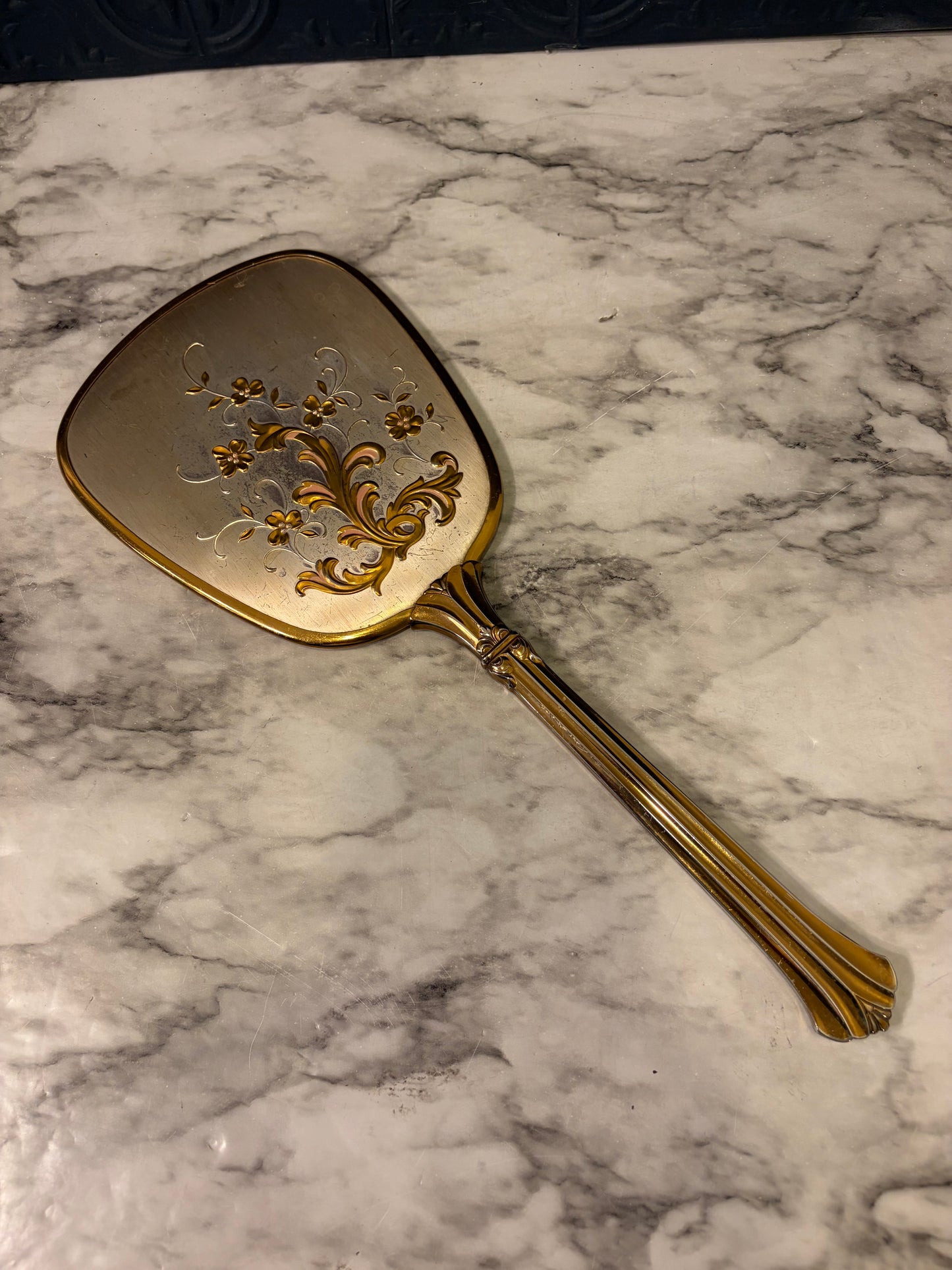 Goldtone Floral Hand Mirror