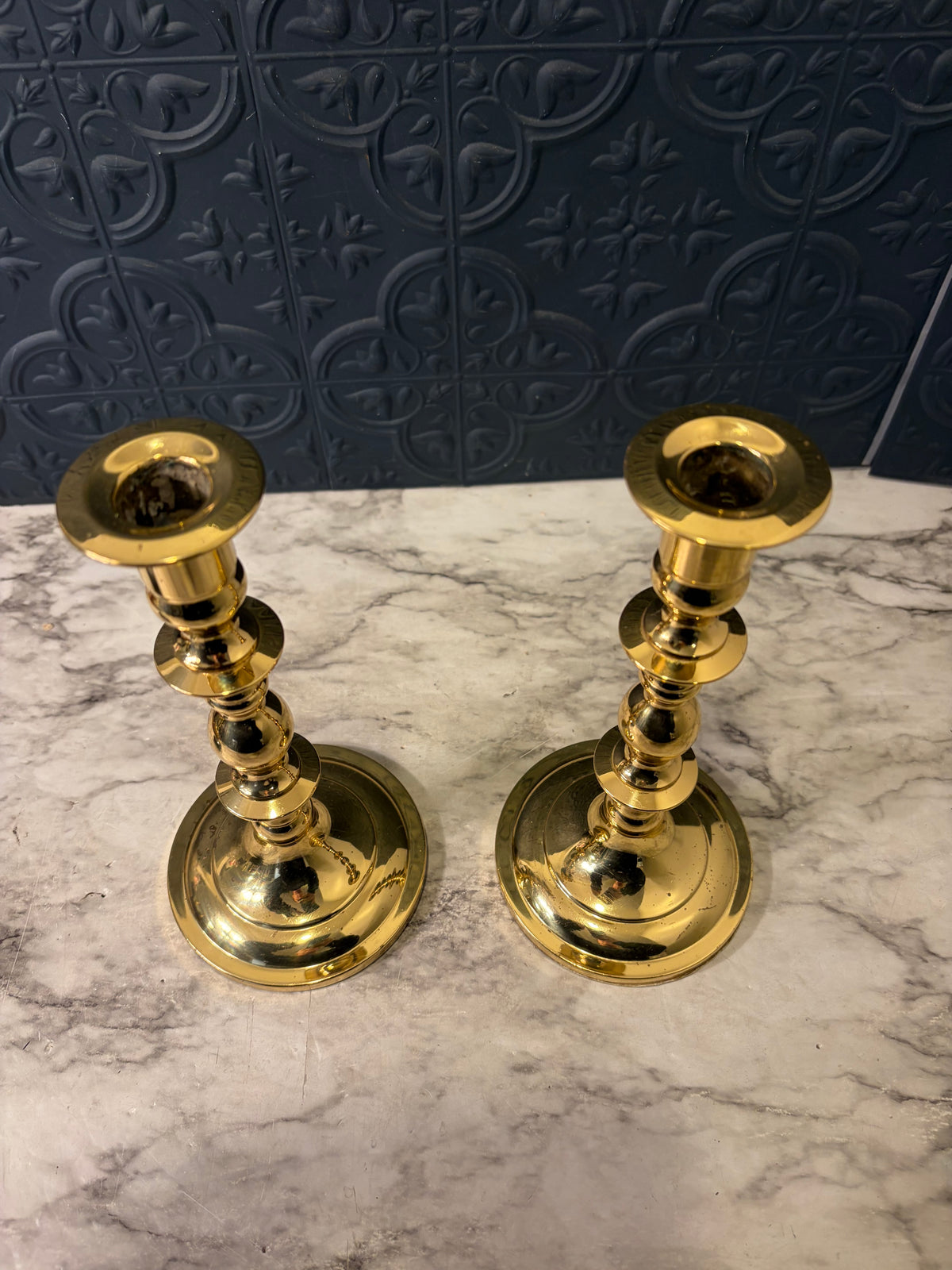 9" Heavy Brass Candlestick Pair