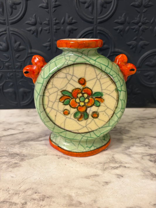 Vintage Japanese Hand Painted Vase Orange and Green
