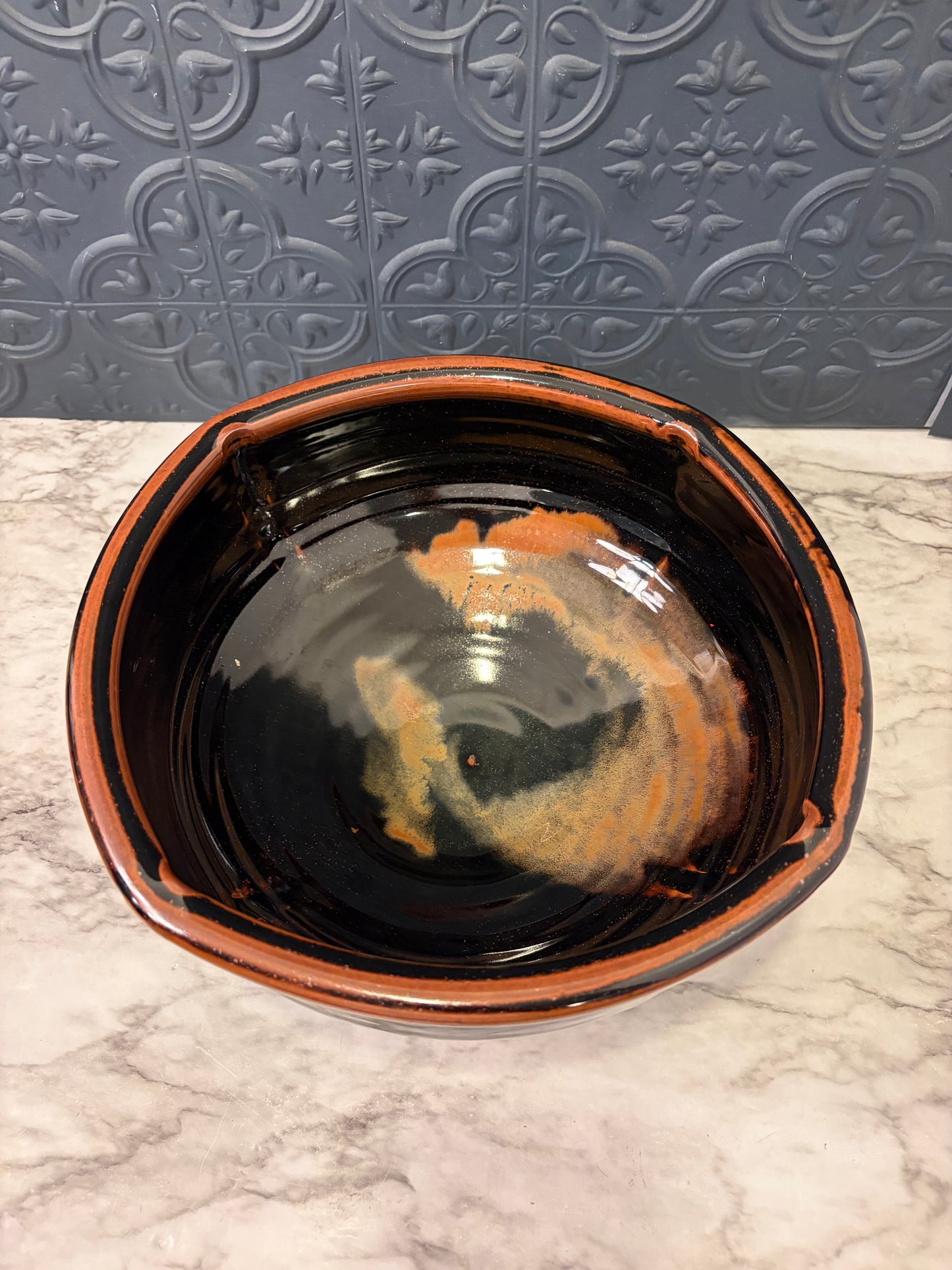 Large Studio Pottery Black and Orange Fruit Bowl
