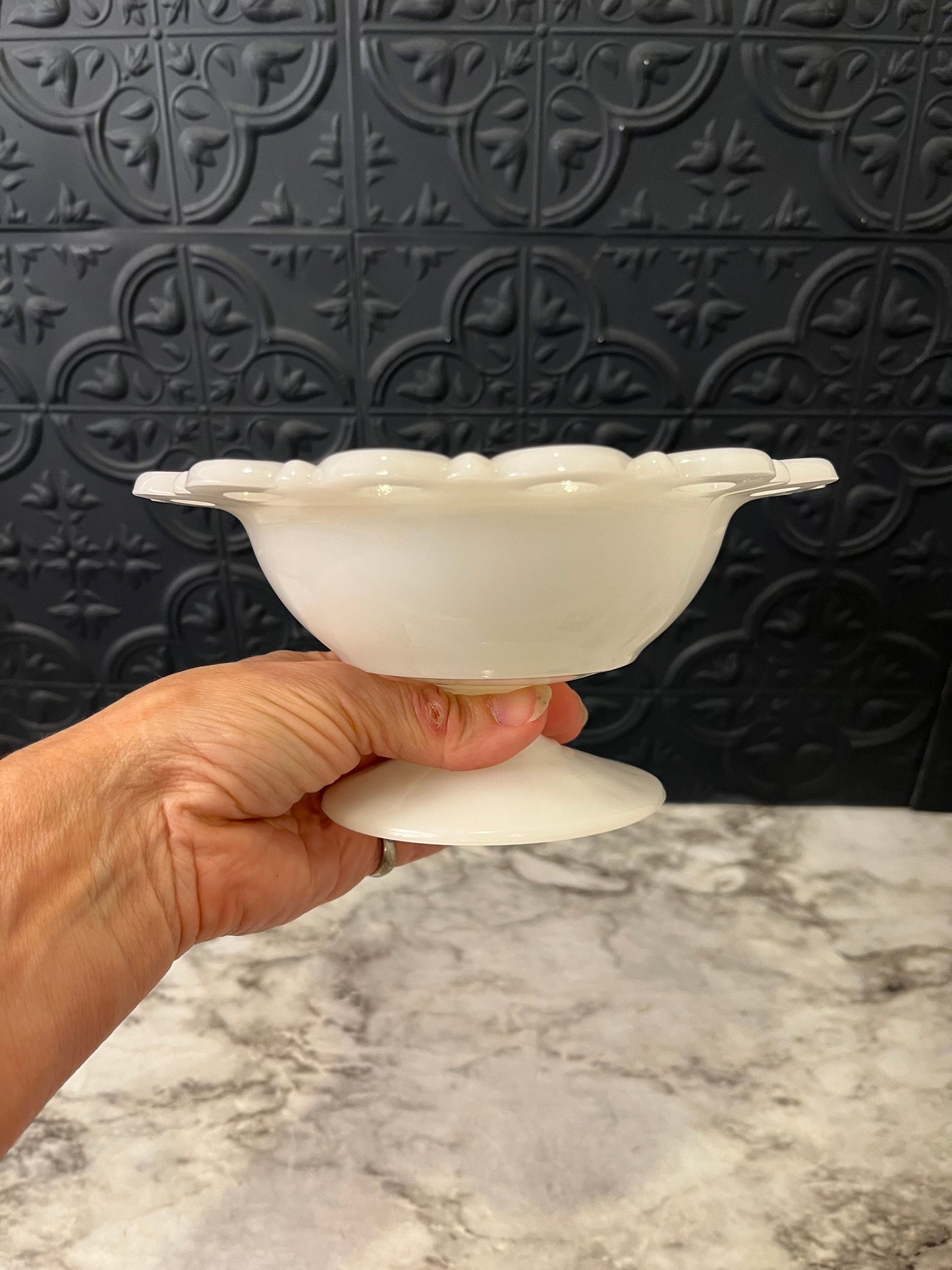 Lace Edge Milk Glass Pedestal Bowl Anchor Hocking