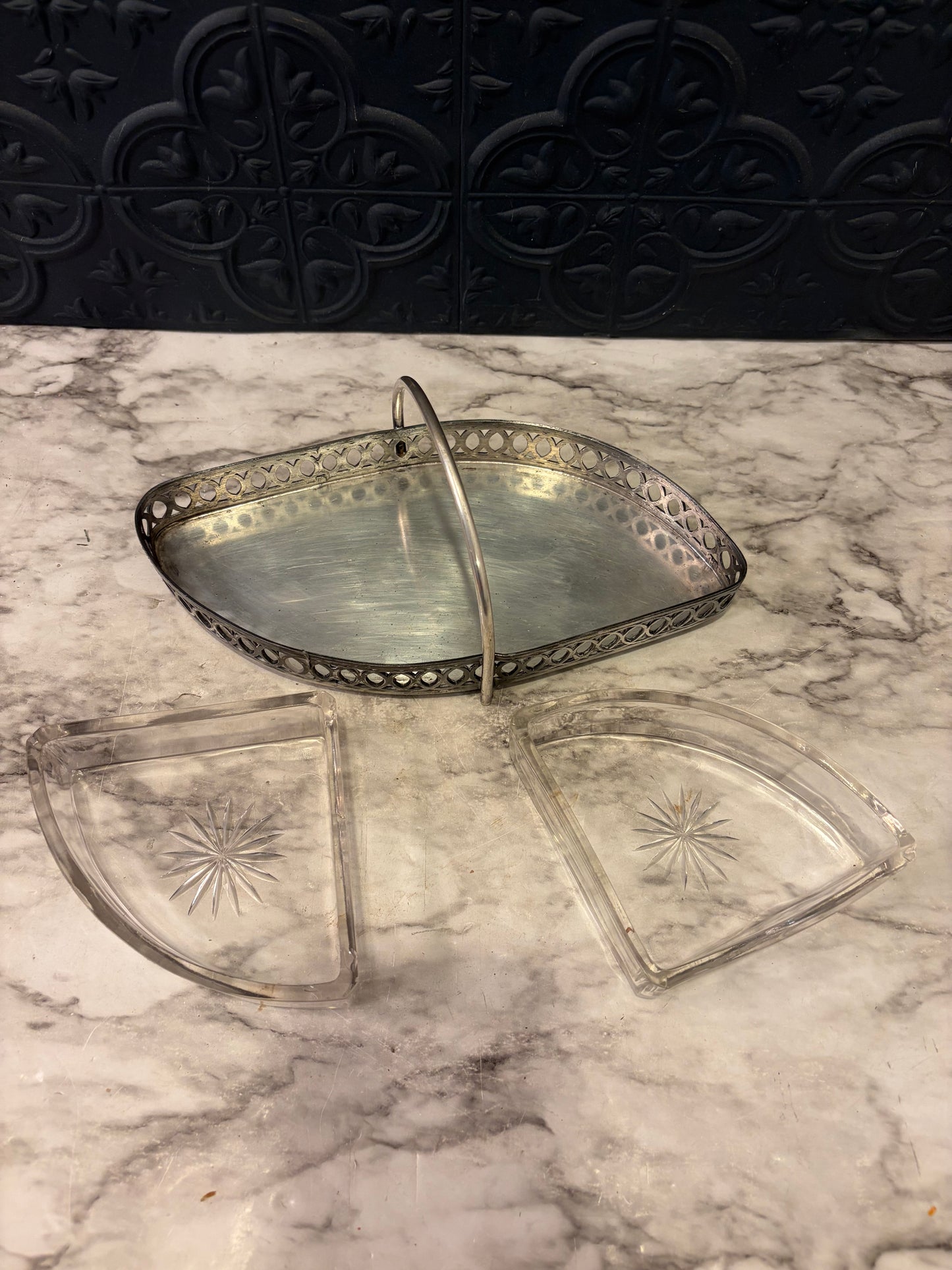 Split Silver Plate and Glass Serving dish with Handle