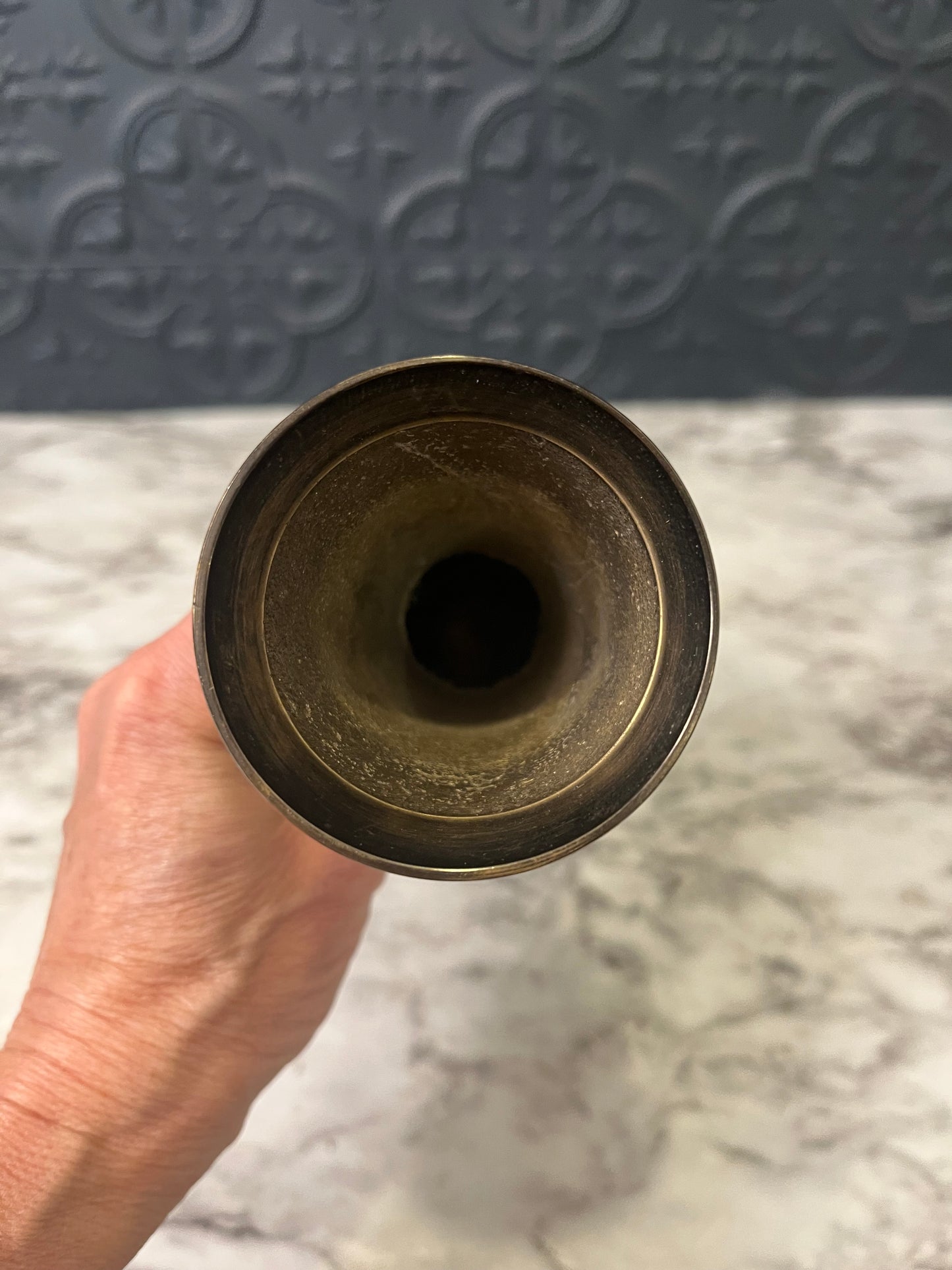 Black and Gold Etched Vase with Floral Center