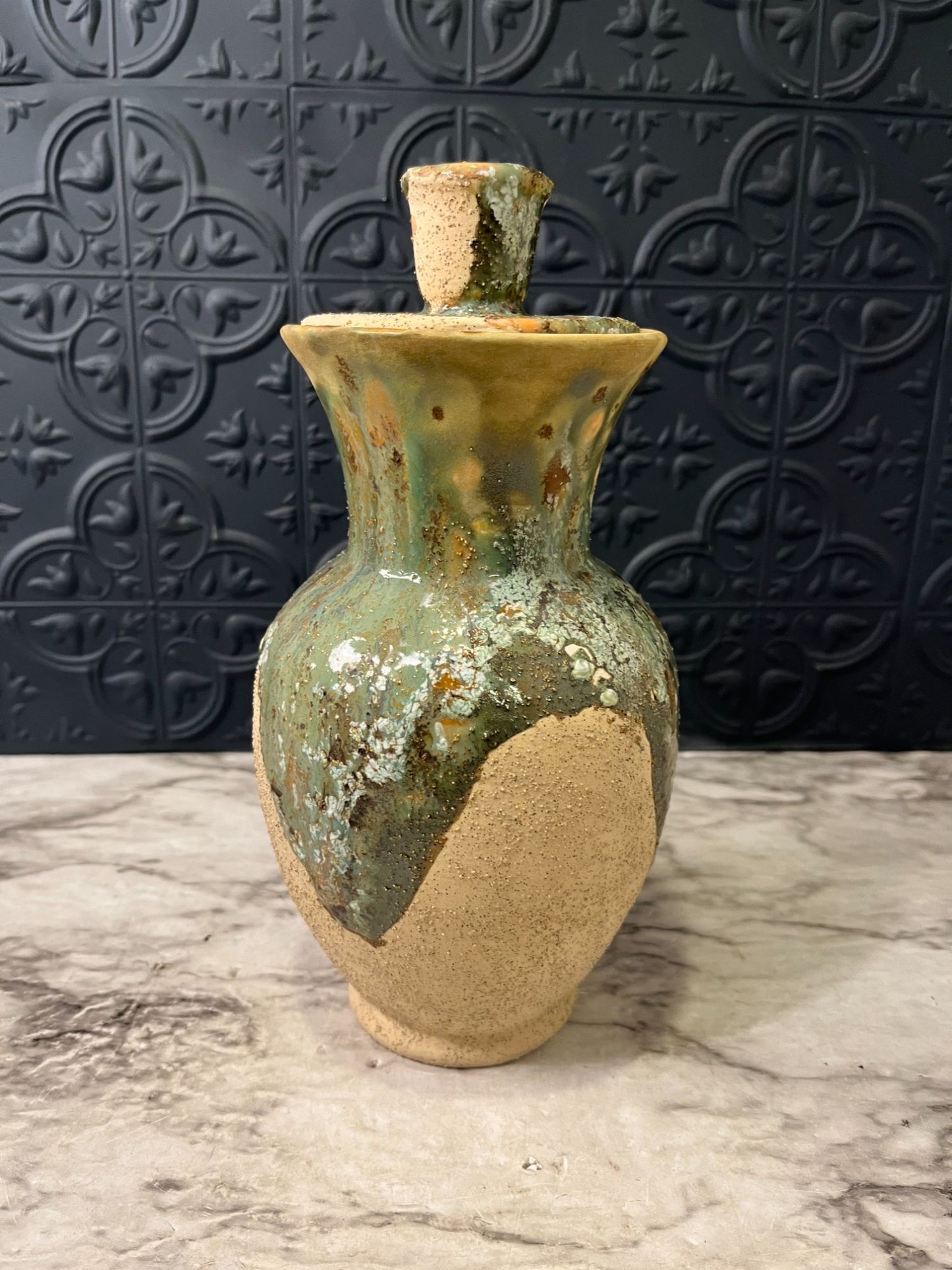 Rough Tan Pottery Jar with Lid  and green drip