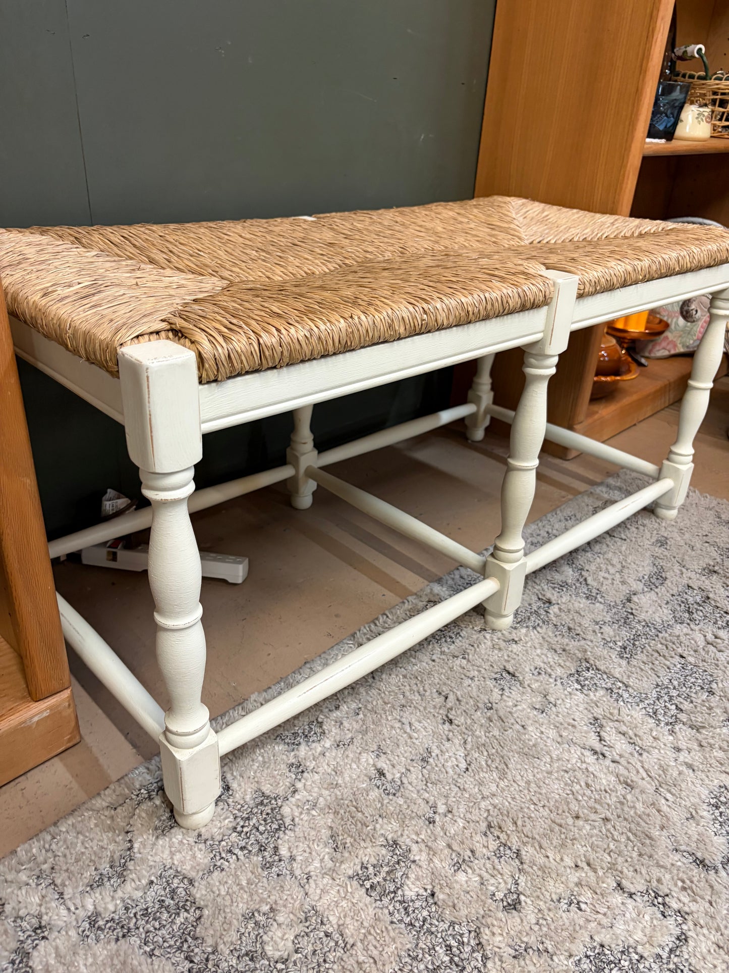 Wicker Bench with White Distressed Legs