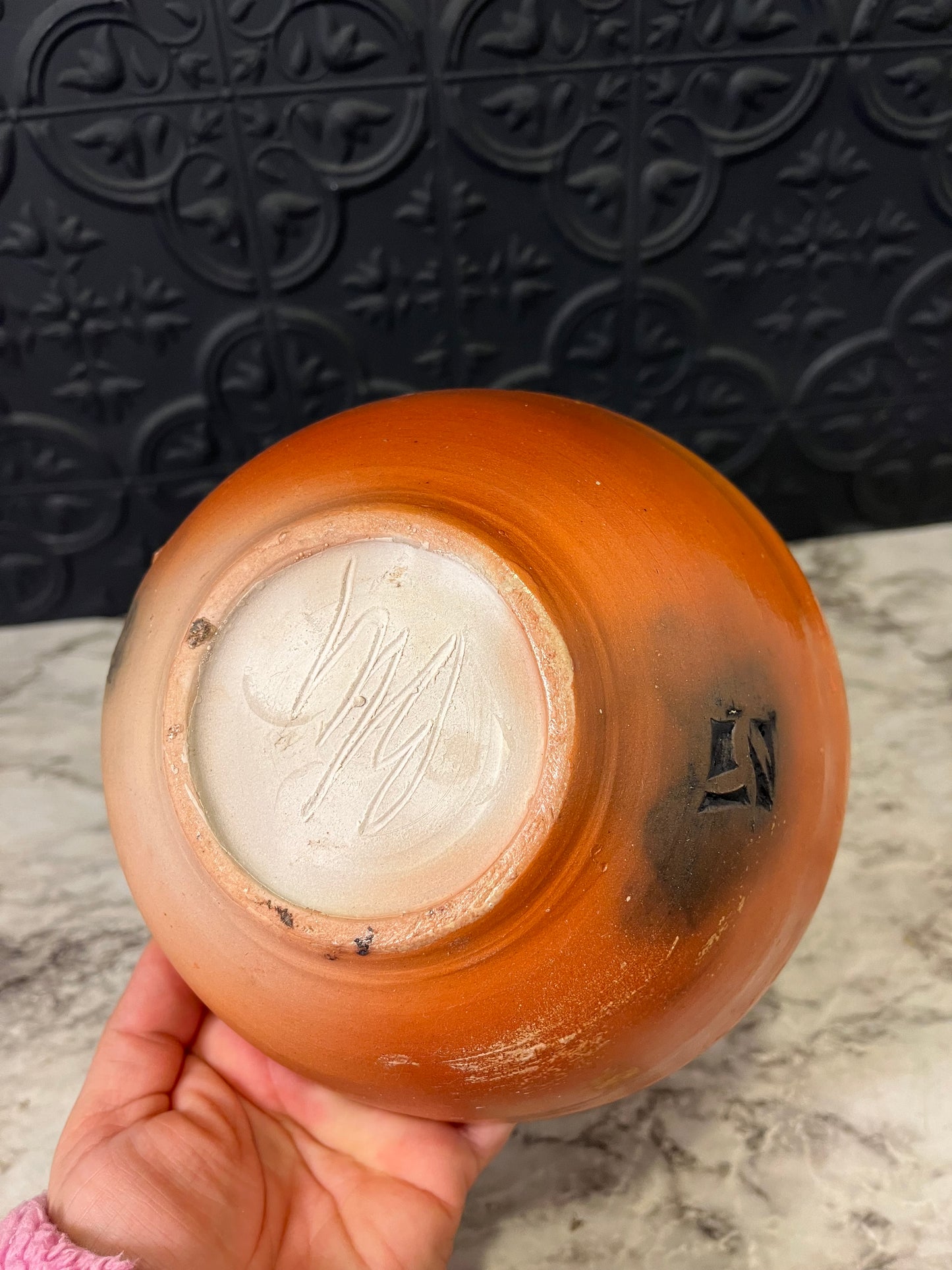 Orange Bowl with Green Inside Pottery