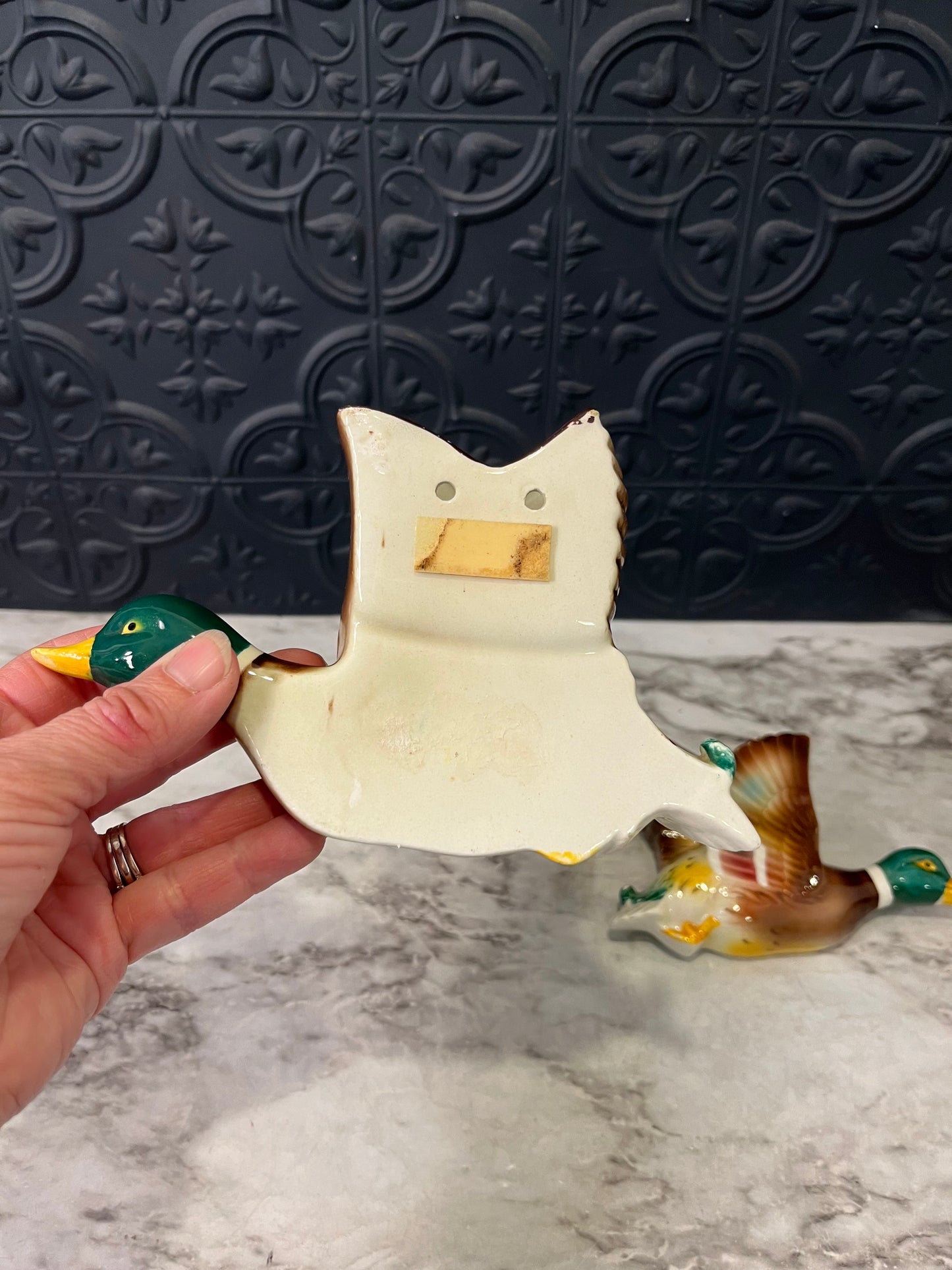 Mallard Duck flying duck wall pockets x2