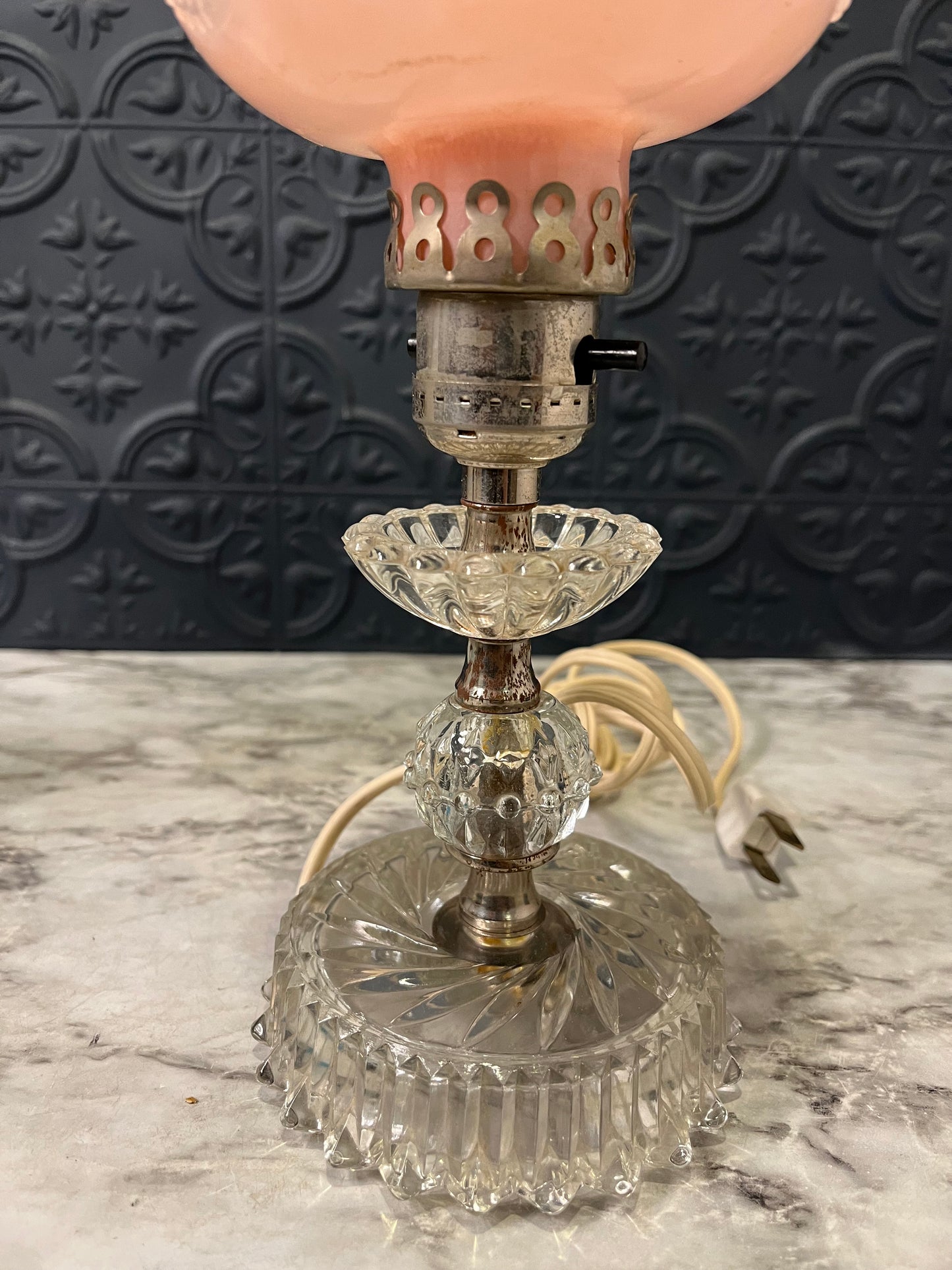 Crystal and Pink Hurricane Lamp