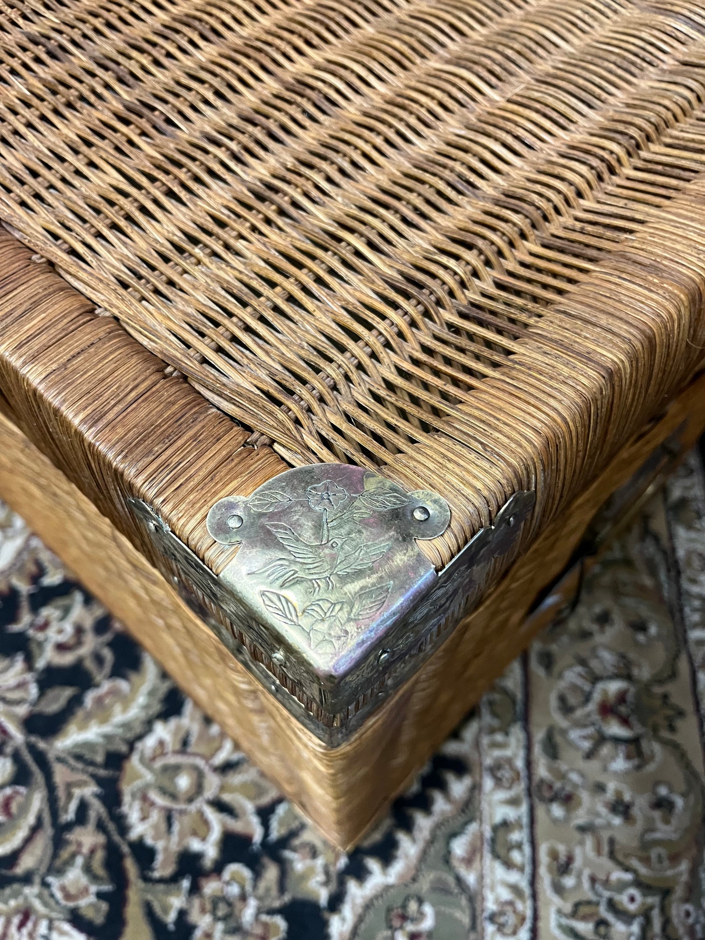 Large wicker Trunk with brass etched details