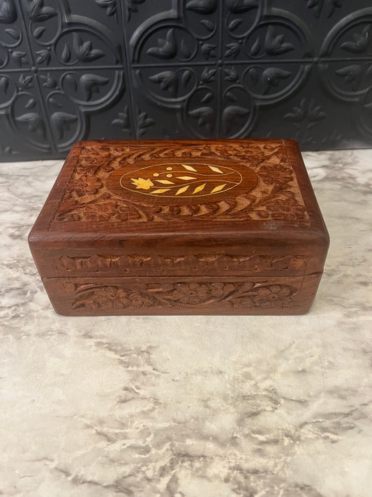 Wood Carved Box with flower and leaf Inlay