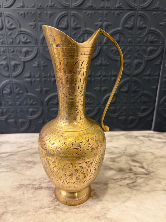 10" Etched Brass and enamel Pitcher
