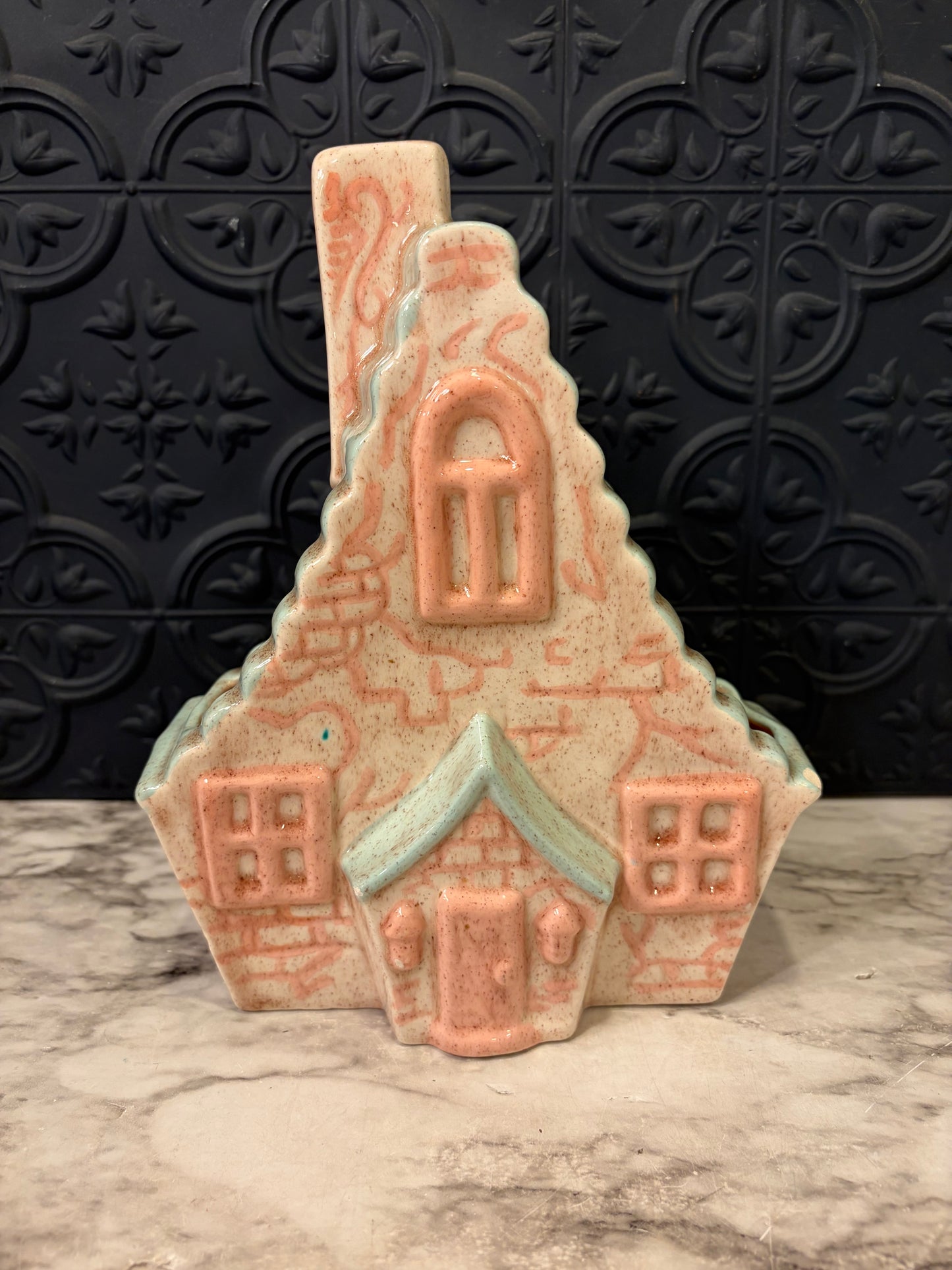 Vintage Ceramic House Planter Green and Pink