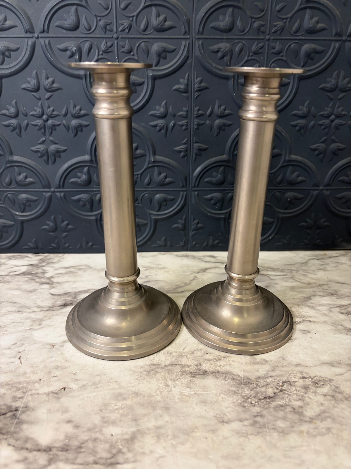 Pair of Pewter Candle Holders 8"