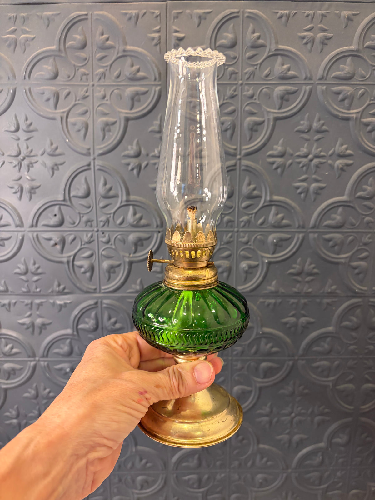 Mini Green Oil Lamp with Clear Hurricane