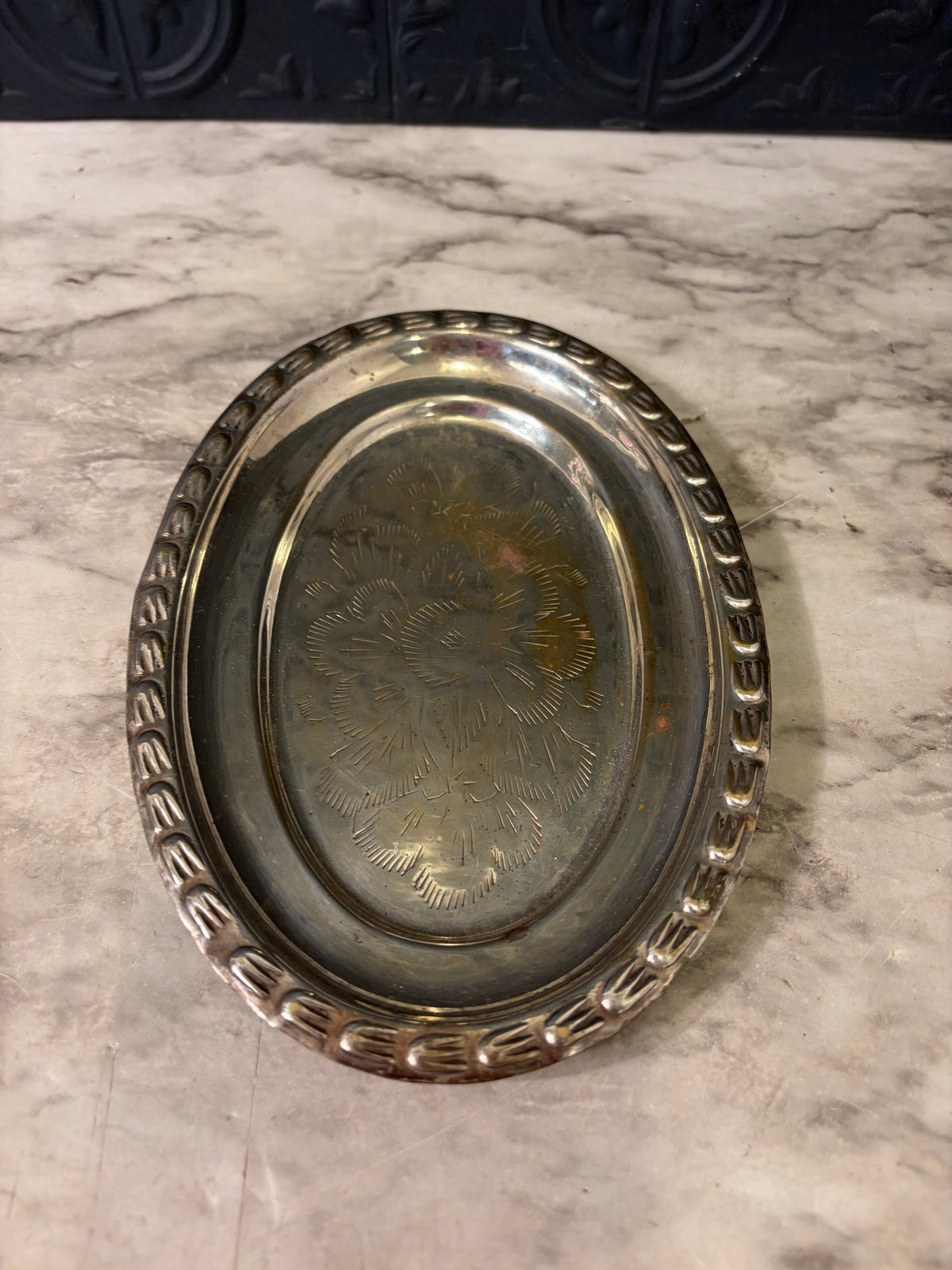 6.5" Silver Plate Etched Oval Tray AS IS