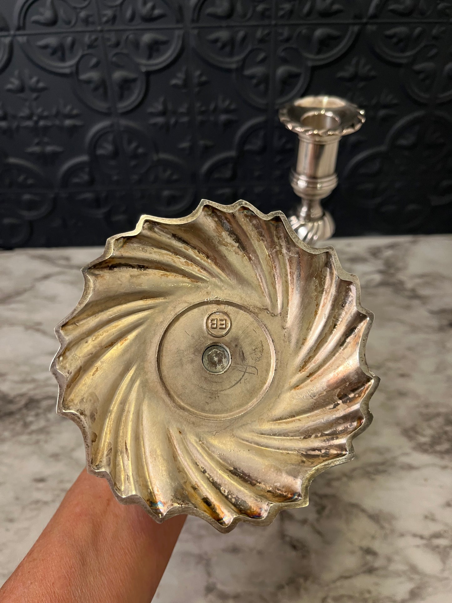 Pair of Queen Anne Silver Plate Candle Holders Swirl Base