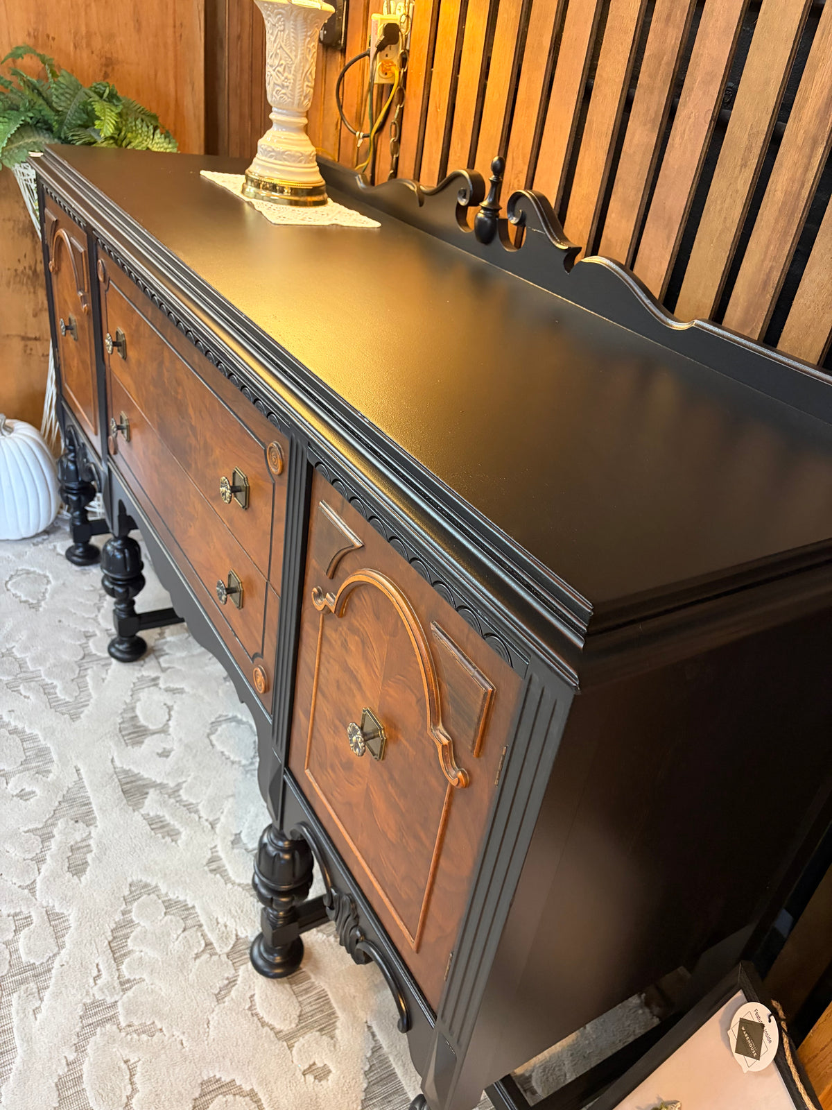 Antique Refinished Buffet 66" Long Black and Wood Finish