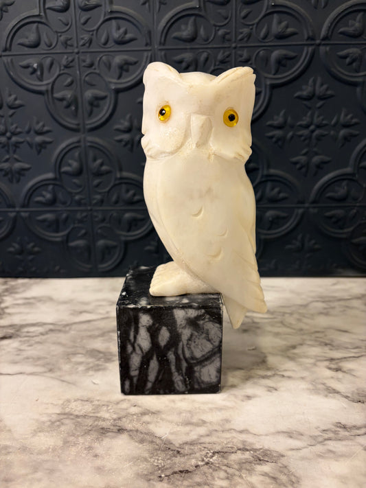 Carved Stone Owl On Marble Base AS IS
