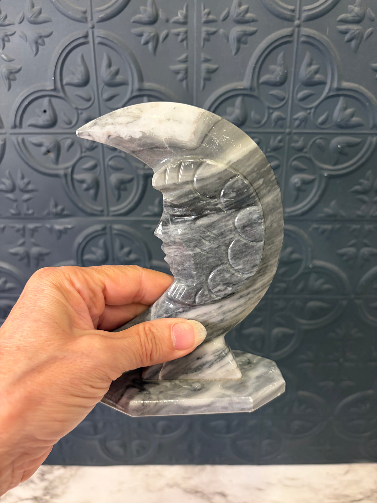 Grey and White Carved Marble Moon with Face
