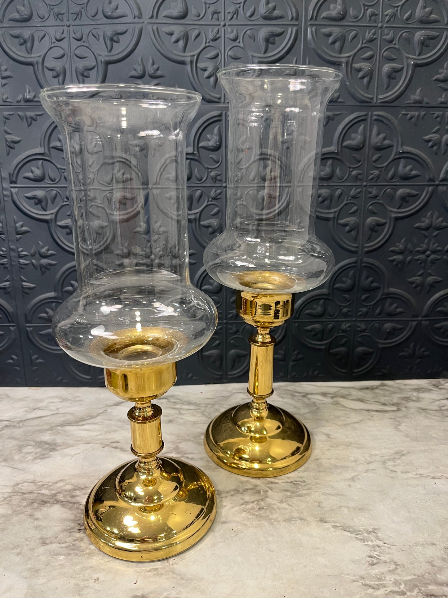 Pair of Brass and Glass Hurrican Candle Holders  11.5 & 12.5"