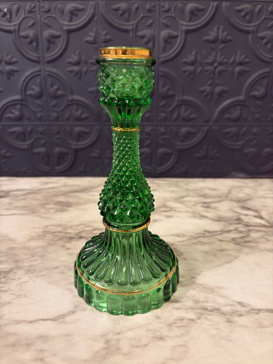 Green Glass Diamond Candle Holder with Gold Trim