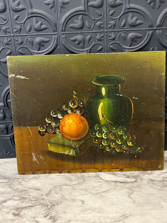 Vintage Green Still life painting on board