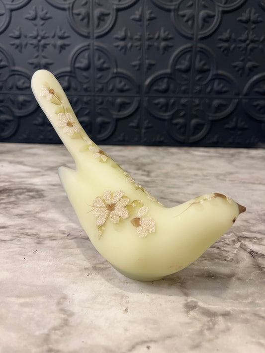 Fenton Custard Satin Glass UV Reactive Bird