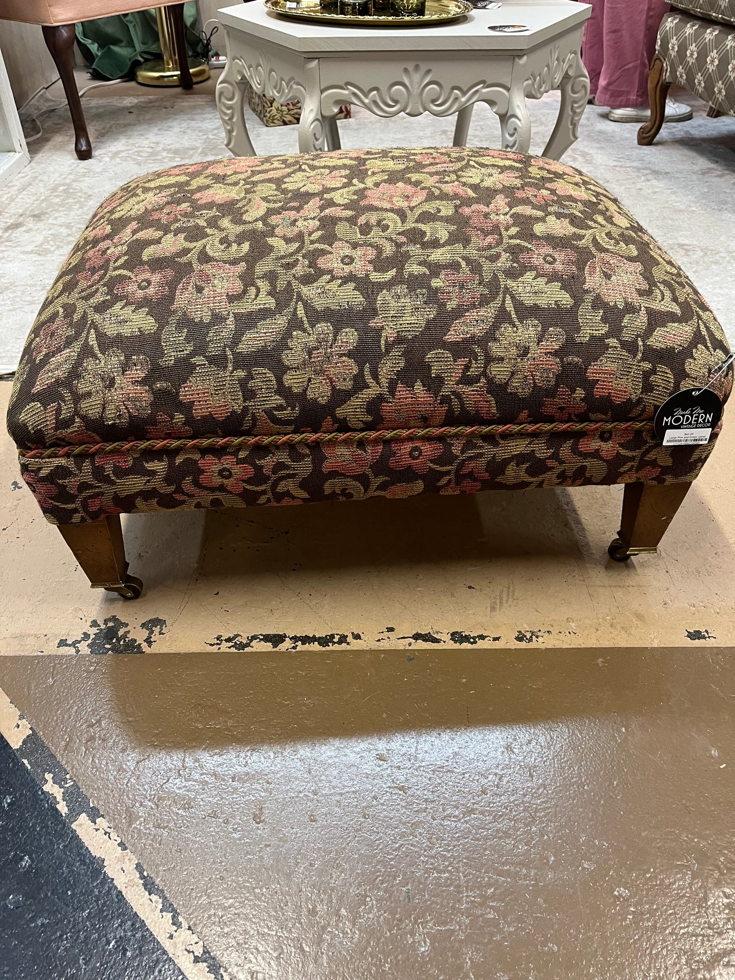 Large Pink and Green Upholstered Ottoman