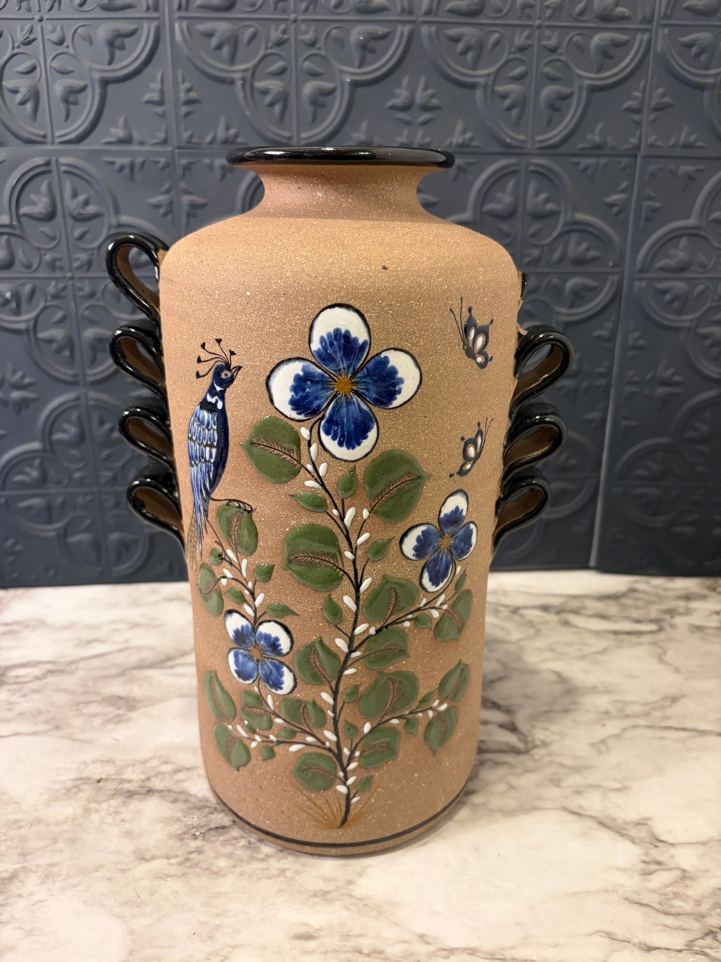Mexican Pottery Vase with Flowers AS IS