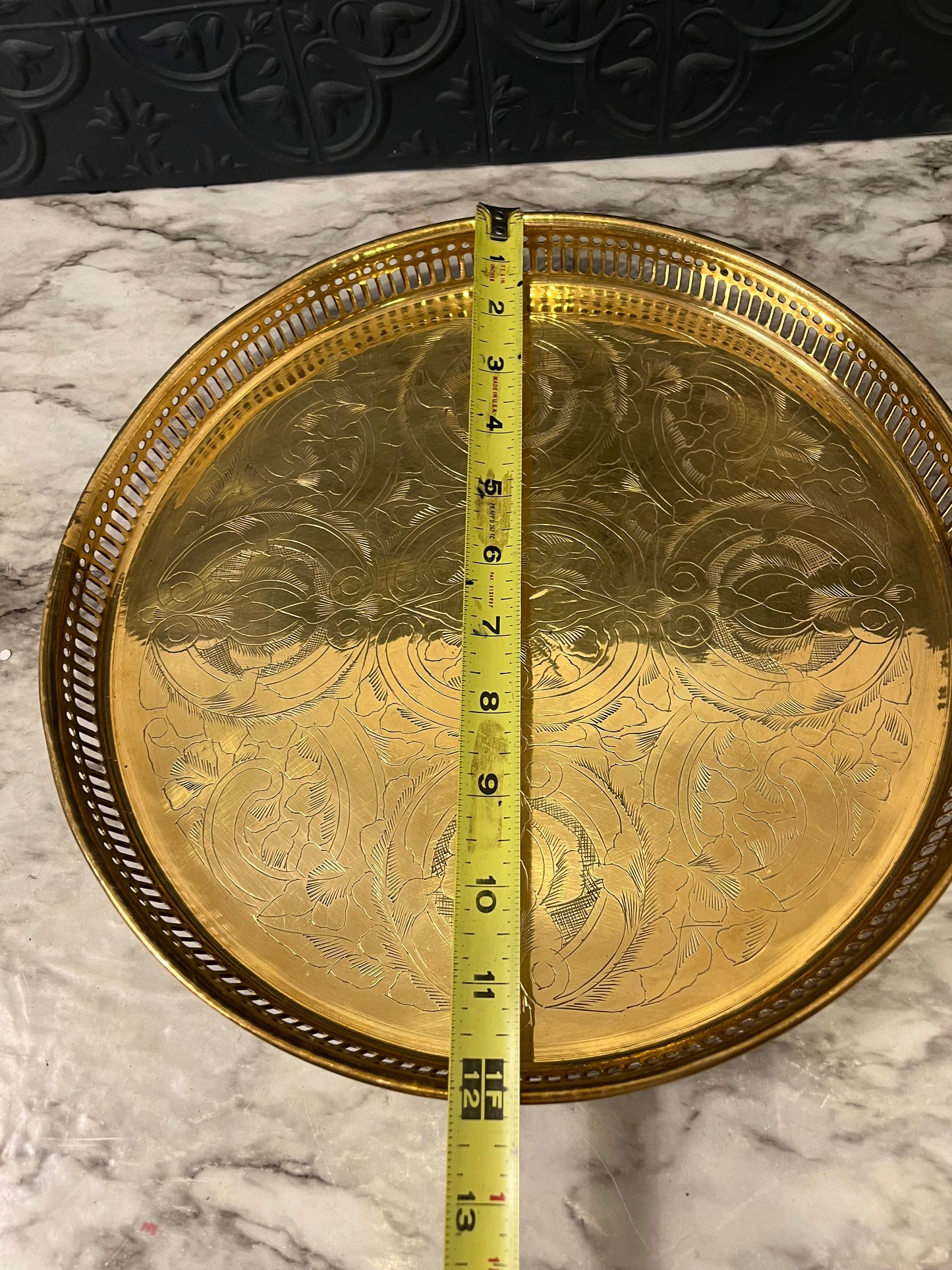 Round Brass Etched Tray with Cutouts 12"