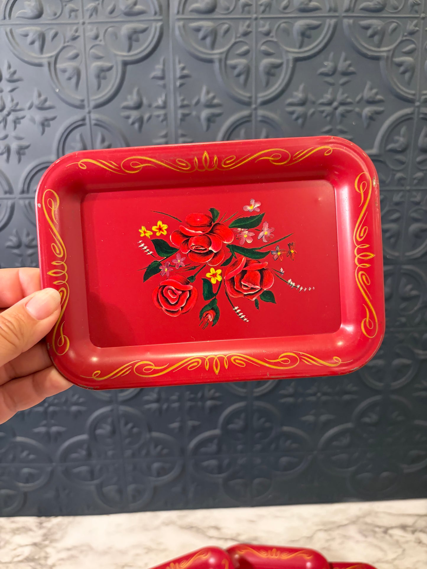 Red Floral Painted Metal Snack Trays Set of 6