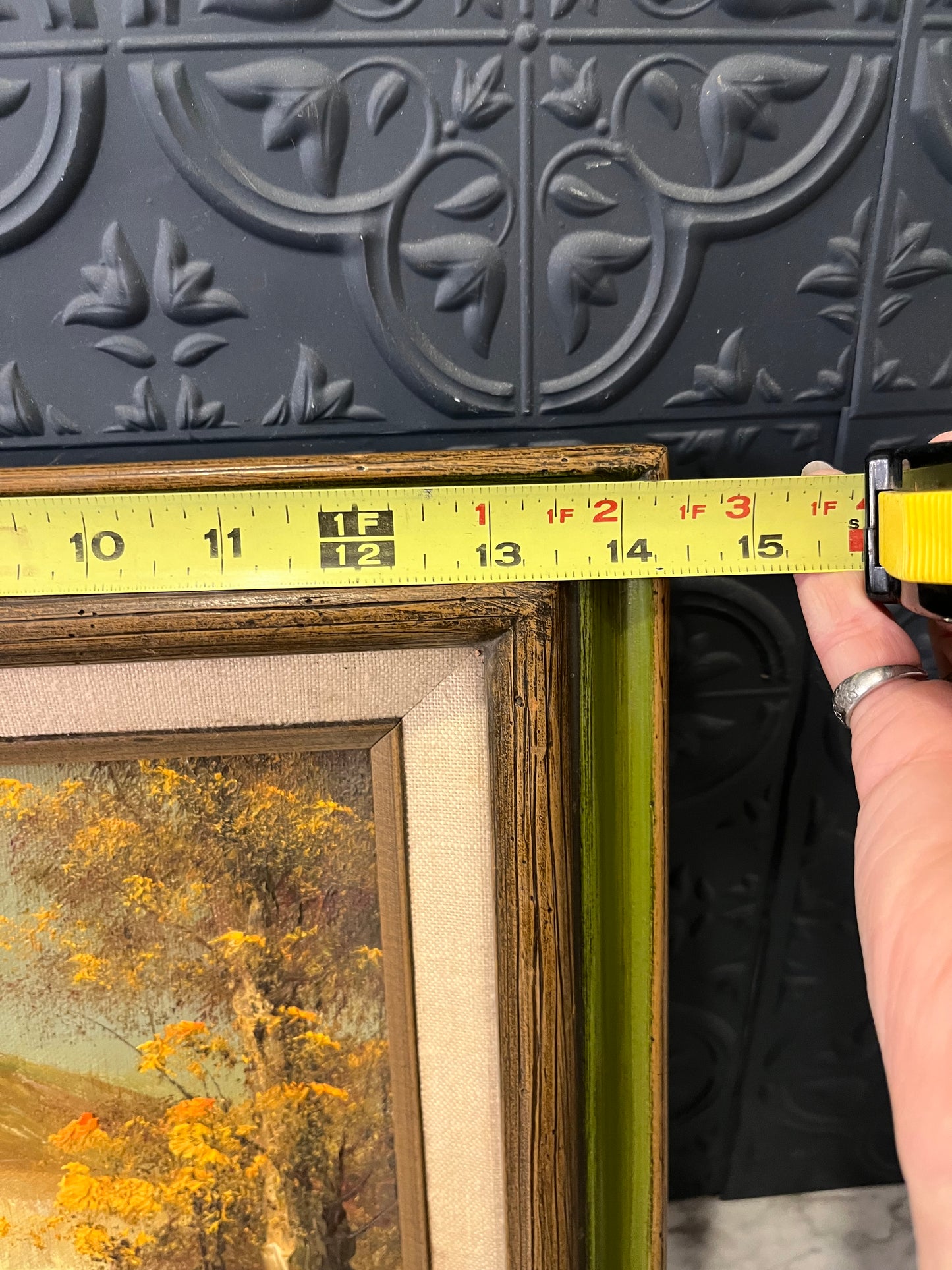 Oil Painting of Mountain and Fall Trees in Green Frame