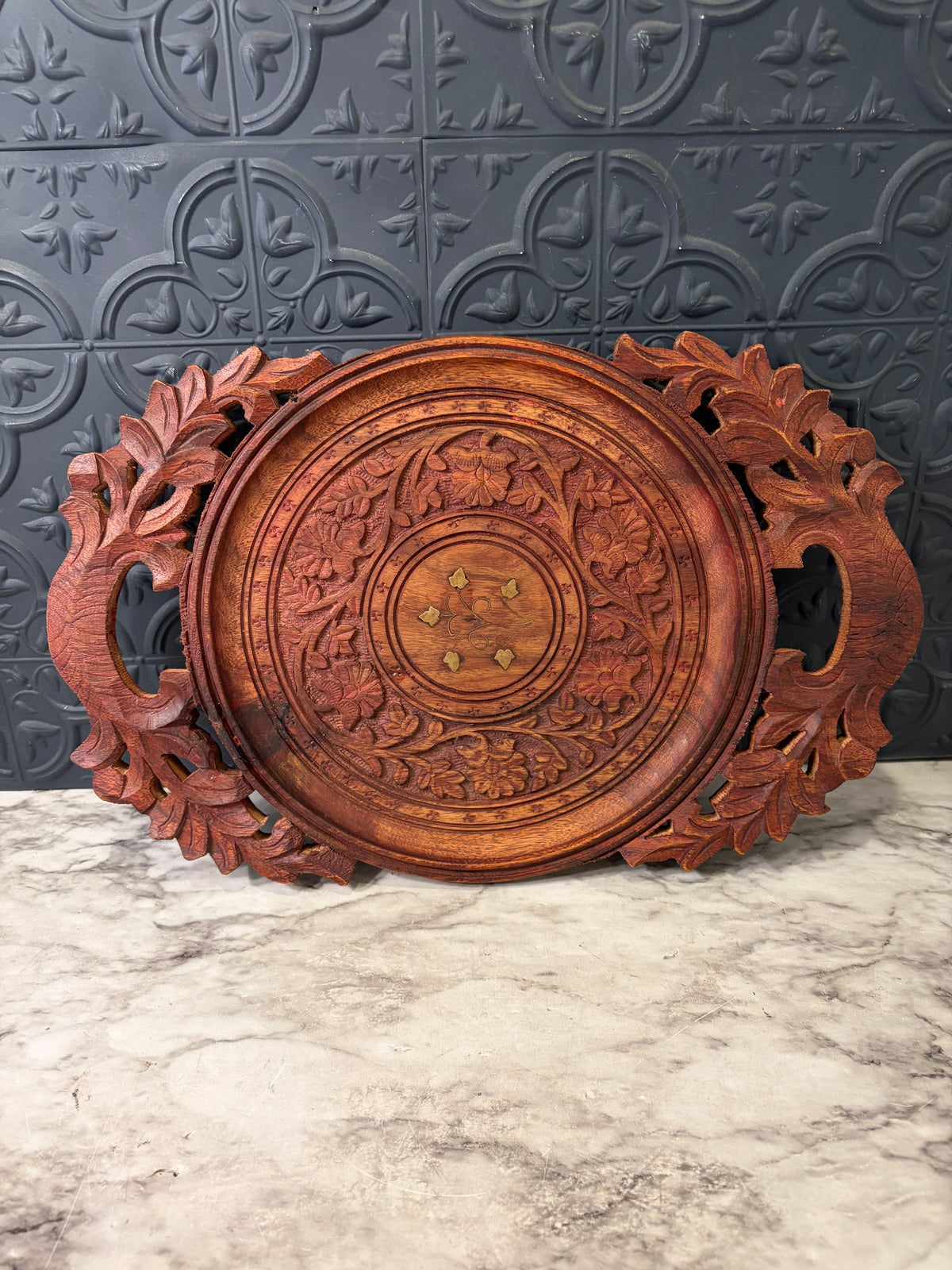 Hand Carved Wood Tray with Leaf Inlay