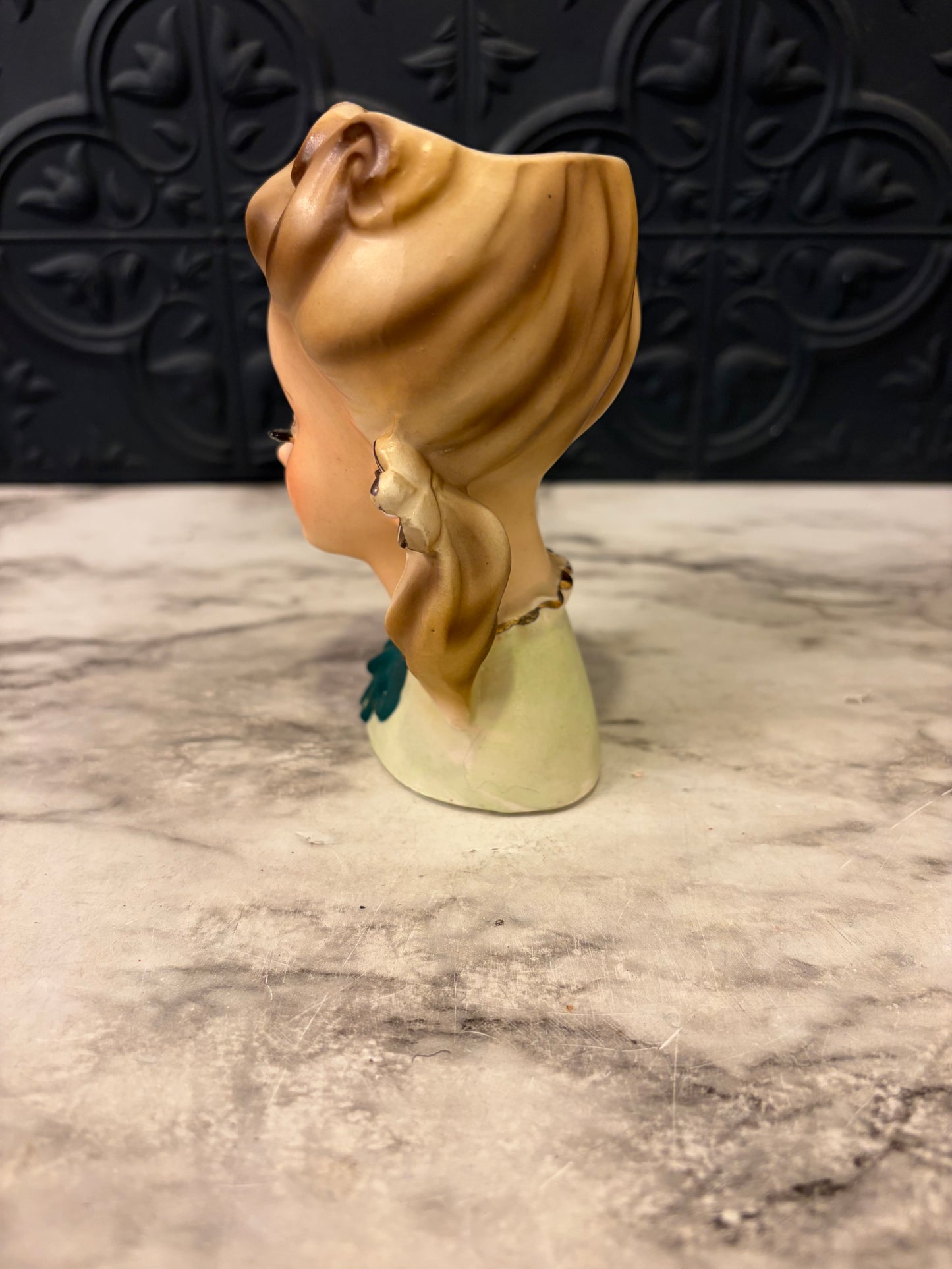 Enesco Teenager Head Vase with Green Bow