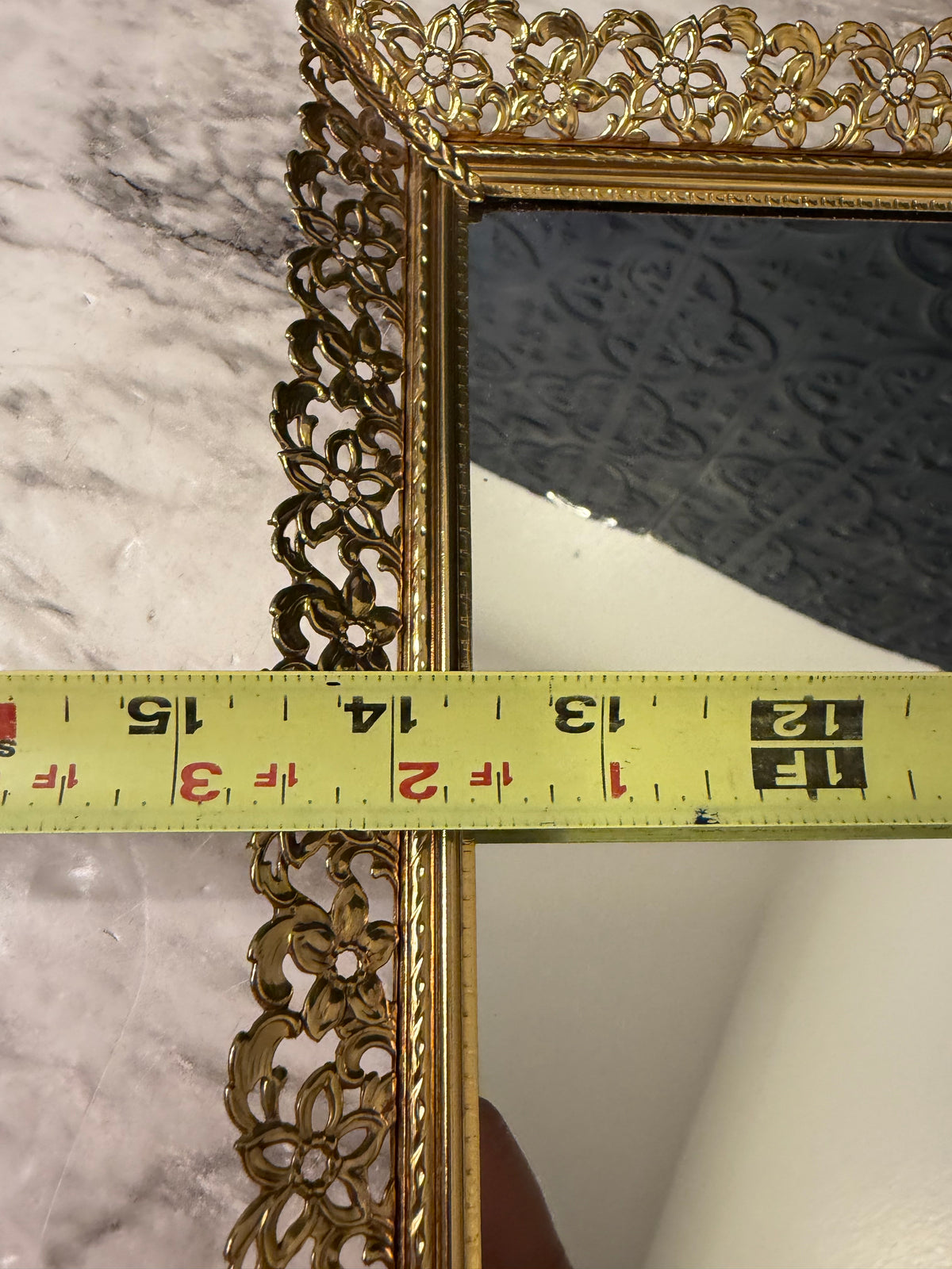 Brass Filigree Mirror Tray with Flowers 14.5"