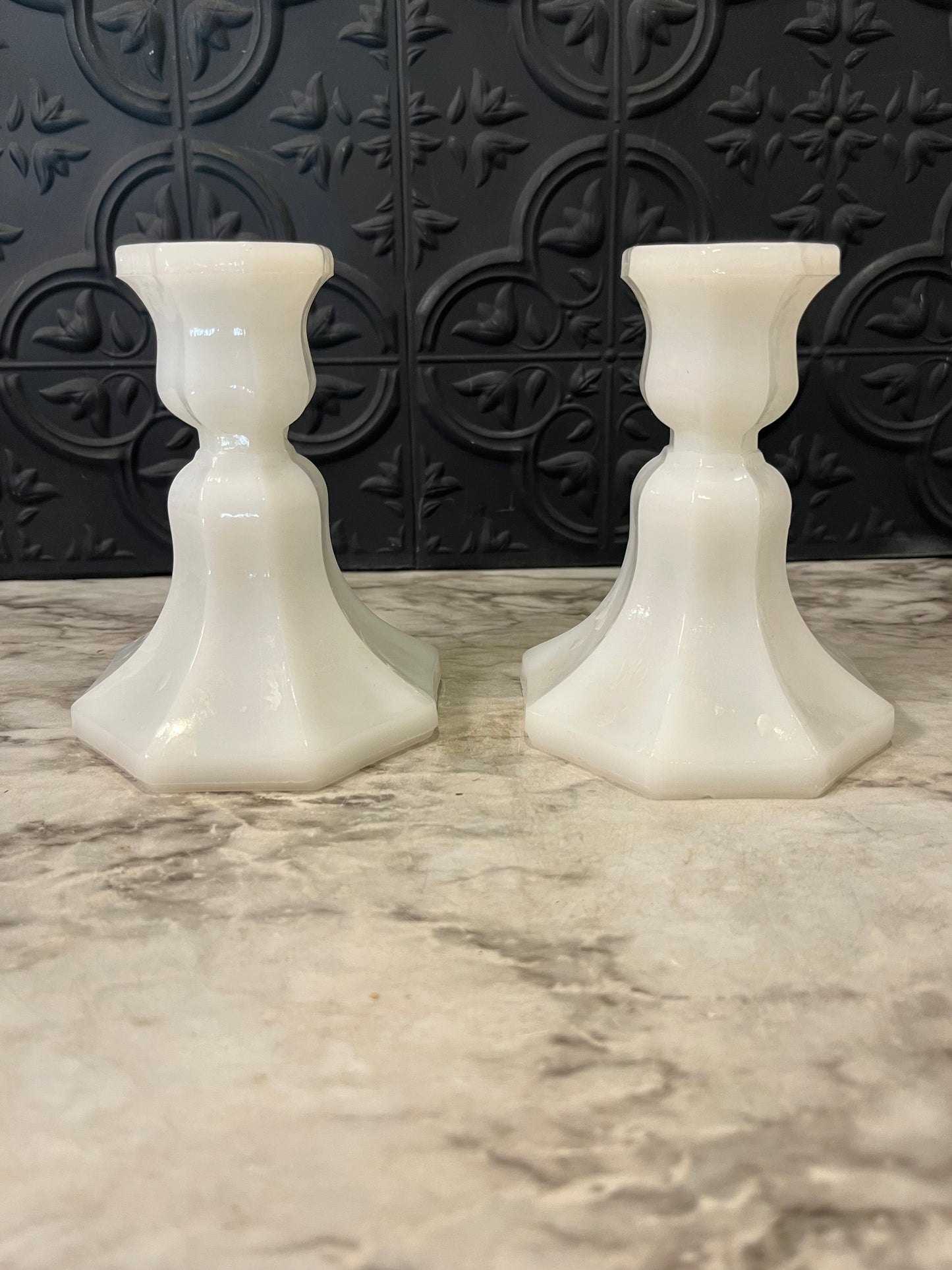 Milk Glass Candle Holder Fluted Base x2