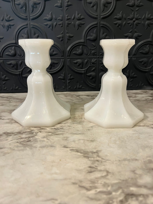 Milk Glass Candle Holder Fluted Base x2