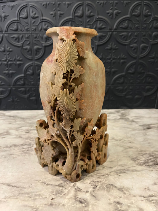 Carved Soapstone Vase with Florals Tall