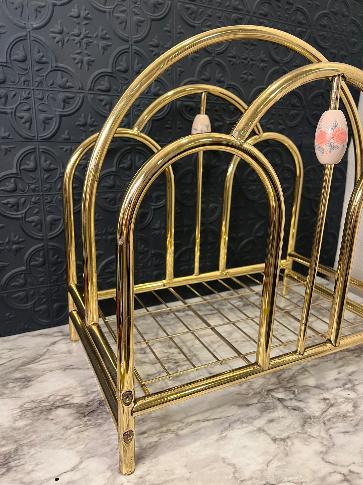 Vintage 1970s Brass and Enamel Magazine Rack